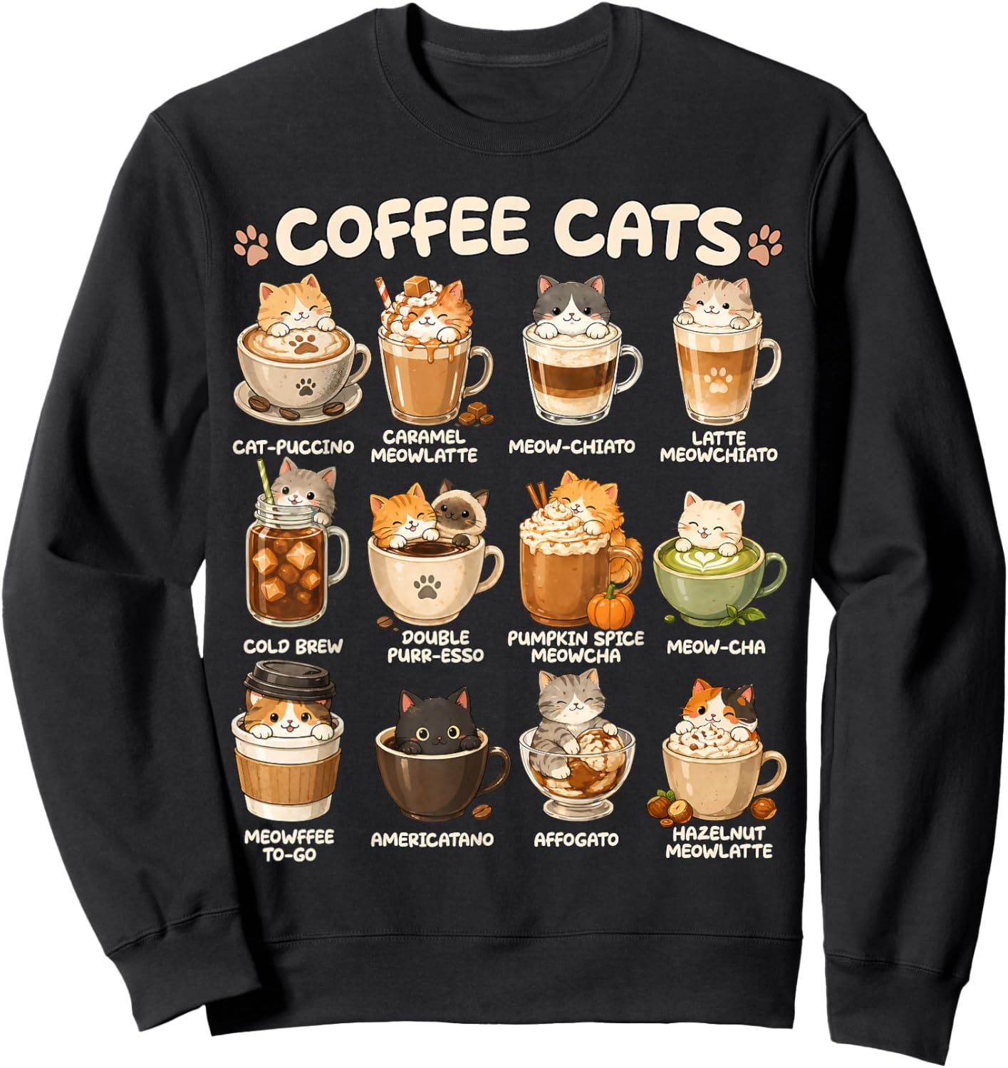 Kawaii Coffee Cats Cappuccino, niedliches Katzen-Café-Design, Anime-Design Sweatshirt - Sweatshirt | Black