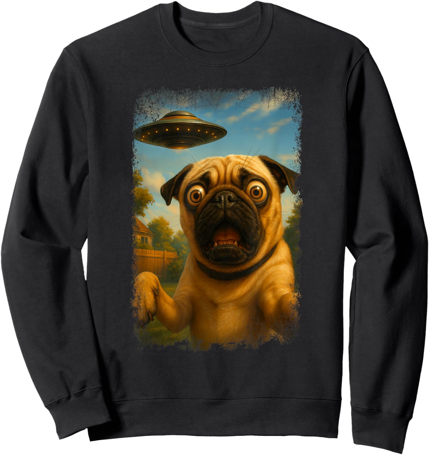 Distressed Pug UFO Selfie with Alien Humor Sweatshirt - Sweatshirt | Black