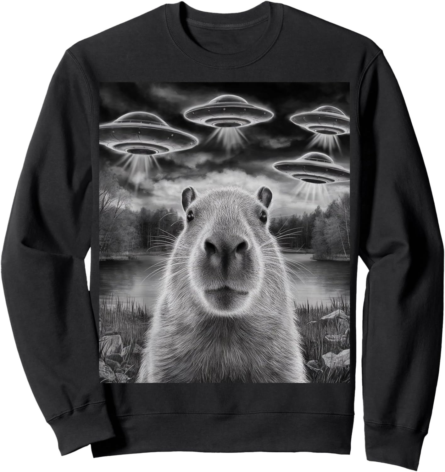 Funny Capybara Selfie with UFOs Weird Design Women Men Sweatshirt - Sweatshirt | Black