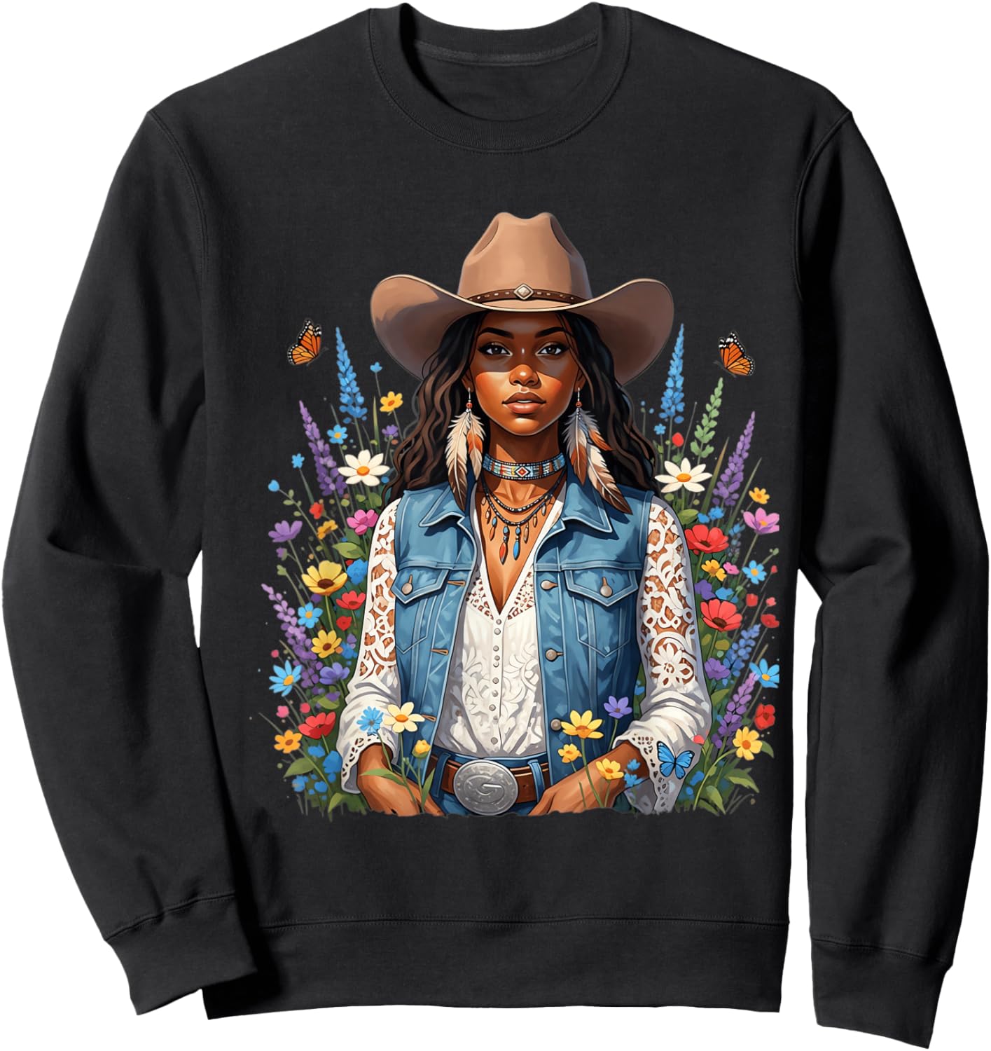 Beautiful Black Cowgirl with Wildflower Western Vibes Flower Sweatshirt - Sweatshirt | Black