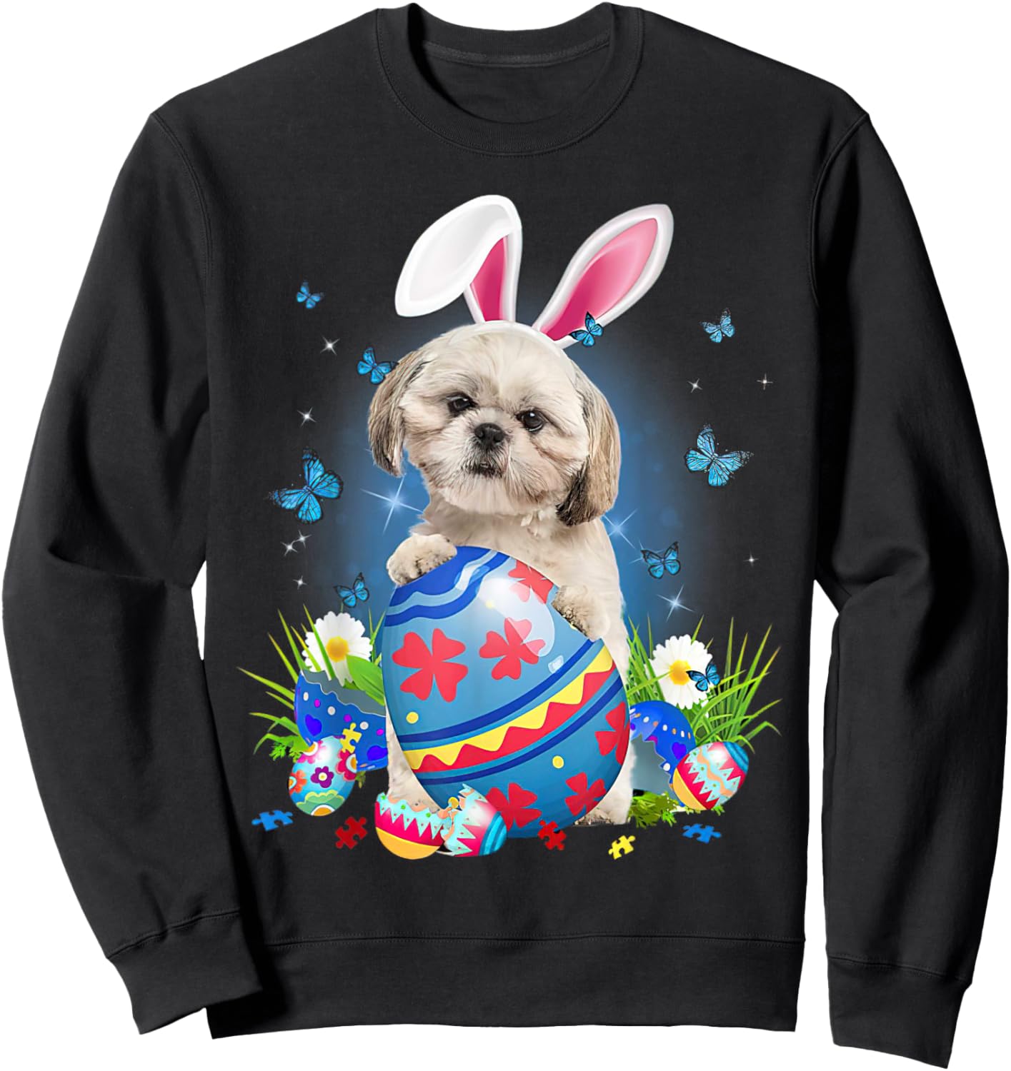 Easter Cute Shih Tzu Dog Lover Bunny Eggs Easter Men Women Sweatshirt - Sweatshirt | Black