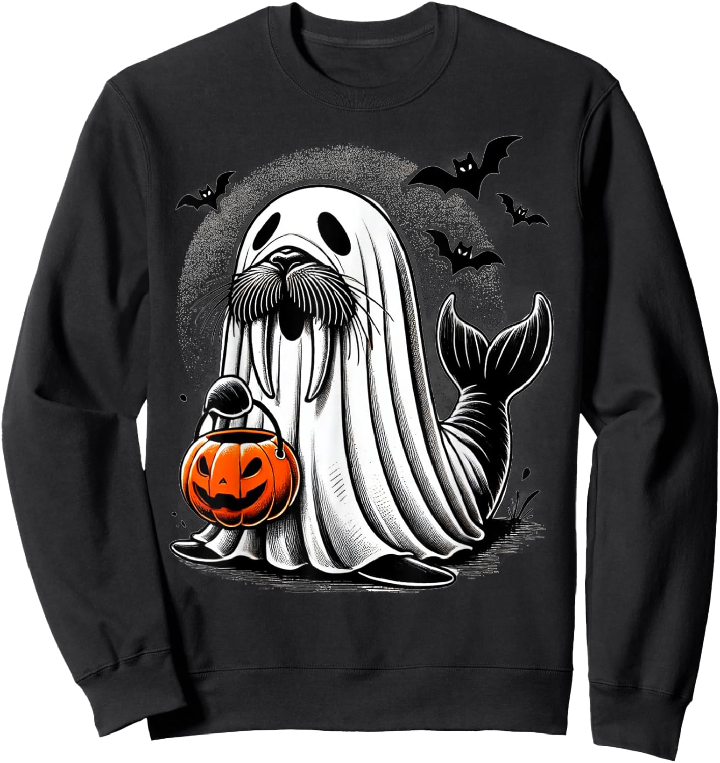 Funny Halloween Seal Ghost Costume Walrus Holding Pumpkin Sweatshirt - Sweatshirt | Black