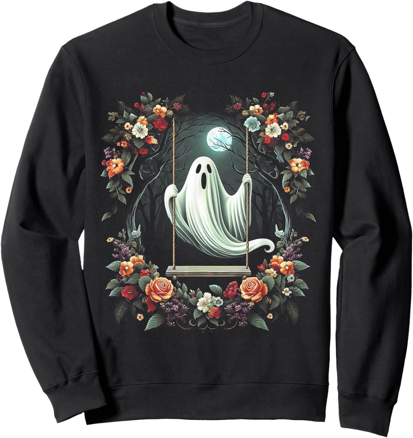 Vintage Floral Ghost On Swing In Forest Halloween Gothic Sweatshirt - Sweatshirt | Black