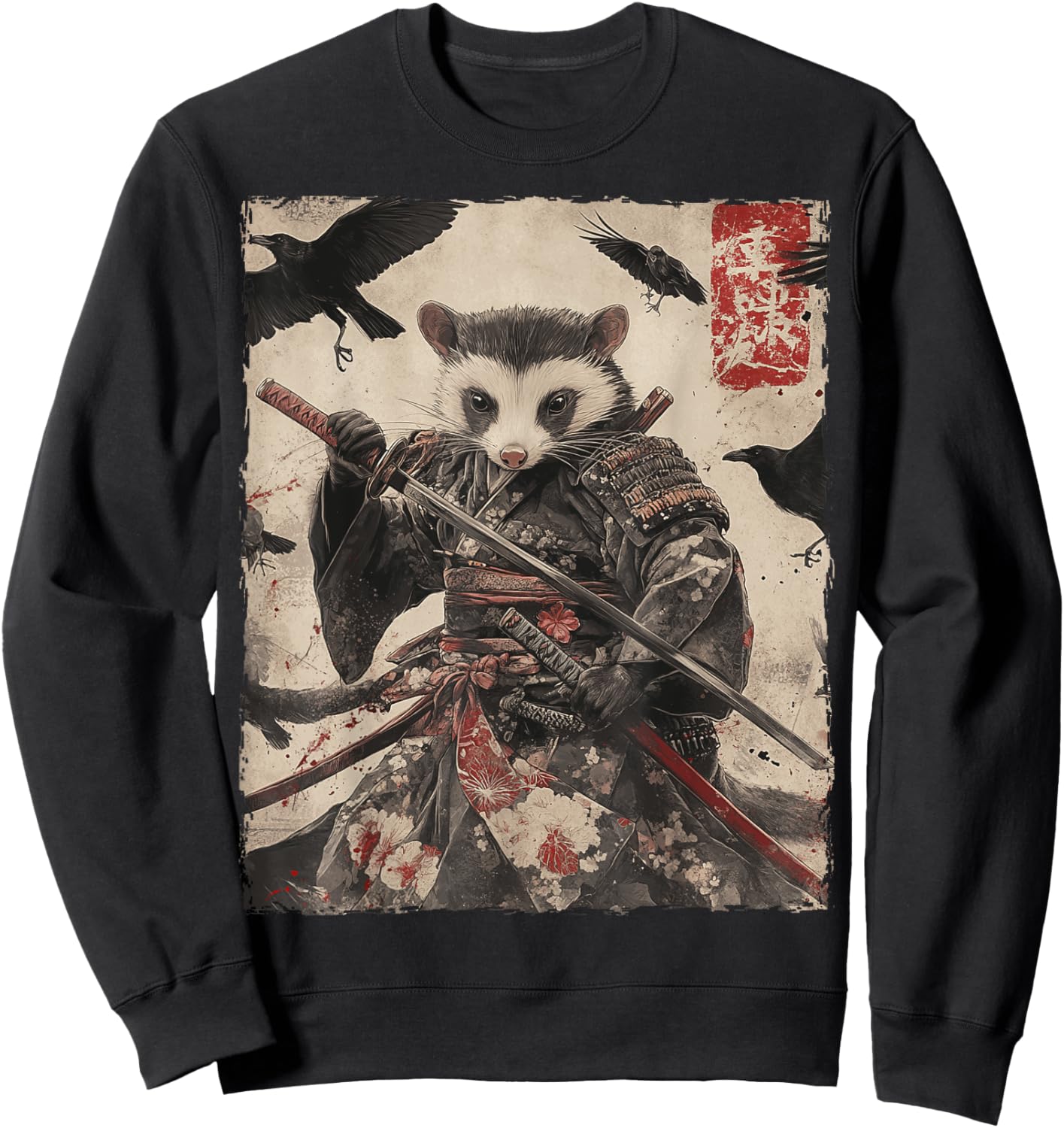 Opossum Possum Samurai Graphic Japanese Warrior Anime Sweatshirt - Sweatshirt | Black
