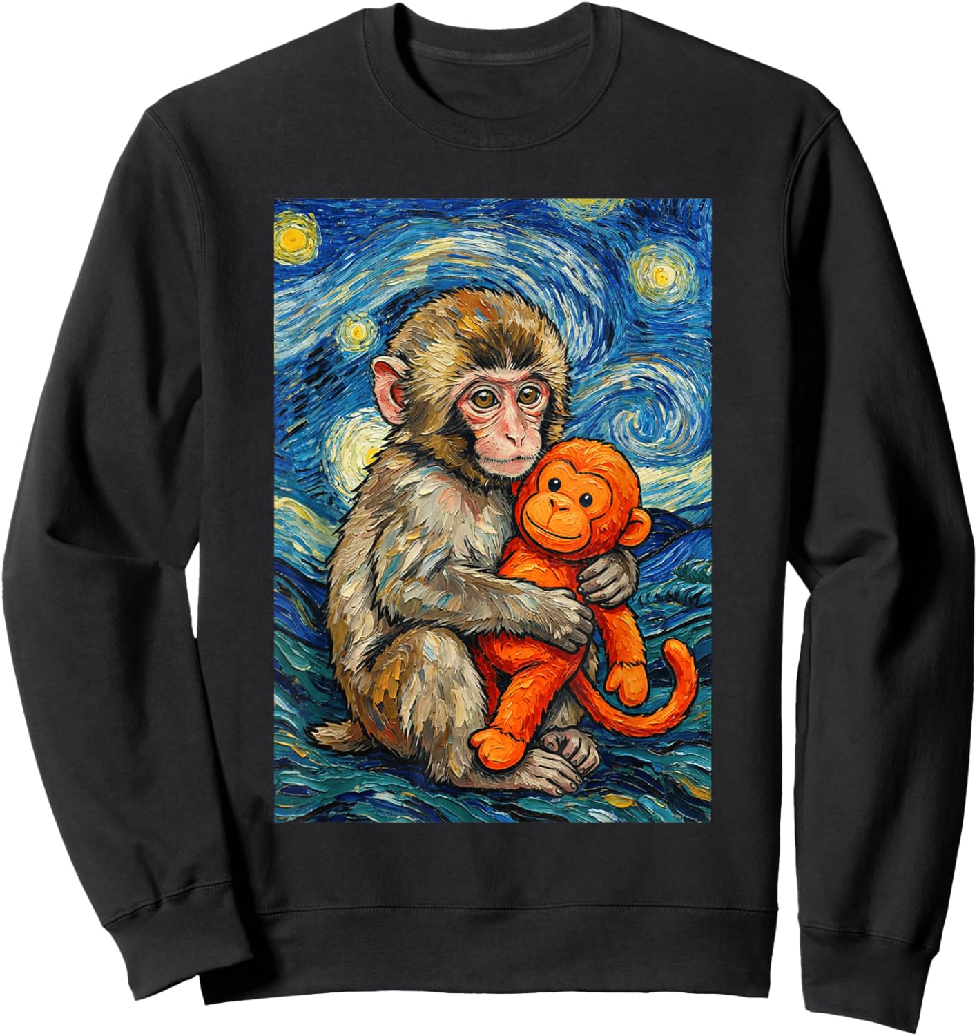 Cute Baby Monkey Punch Meme Starry Night Van Gogh Sweatshirt - Sweatshirt | Black