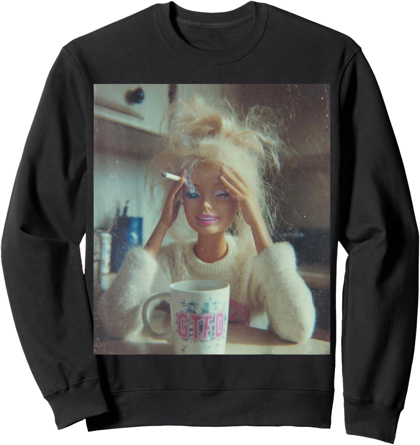 Funny Disgusting Doll face Meme Smoking Sad Sarcastic Gift Sweatshirt - Sweatshirt | Black