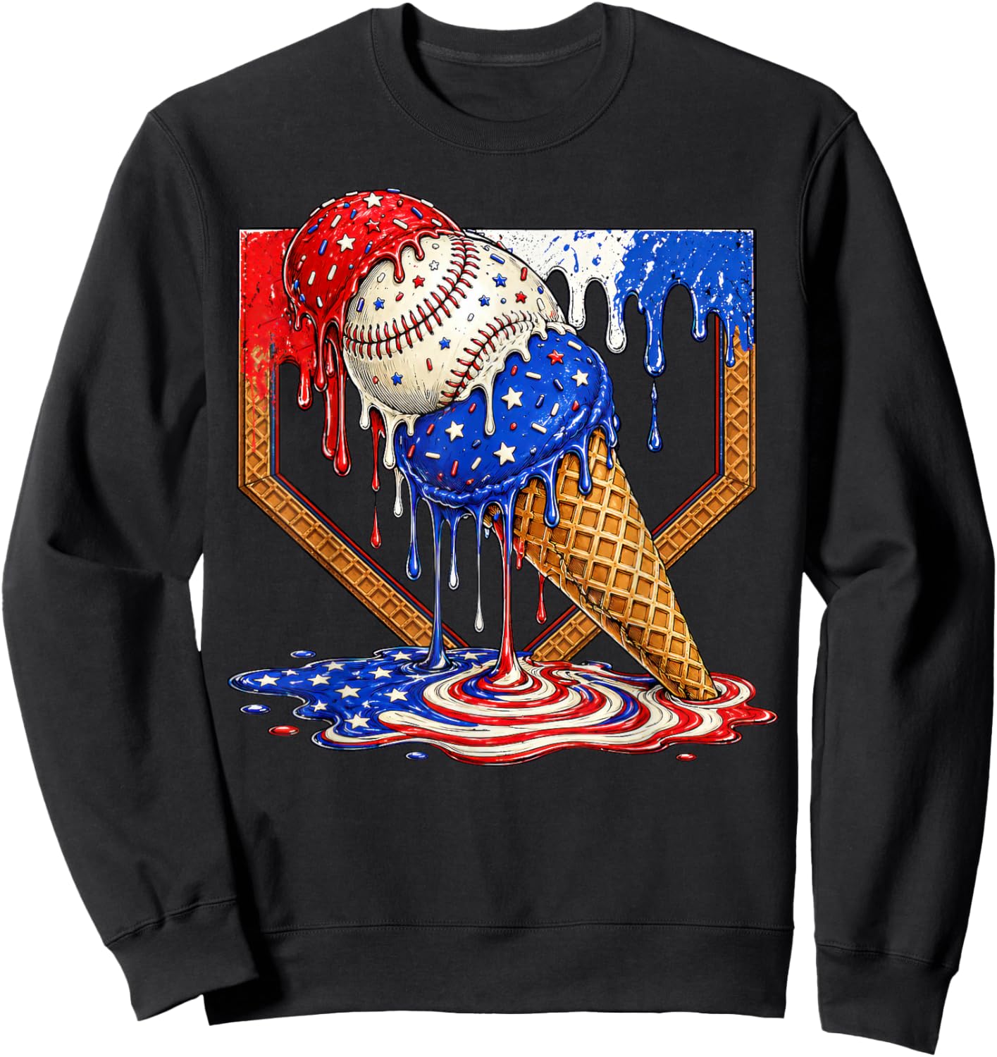 Baseball Ice Cream Drip 4th of July Shirts Boys Youth Kids Sweatshirt - Sweatshirt | Black