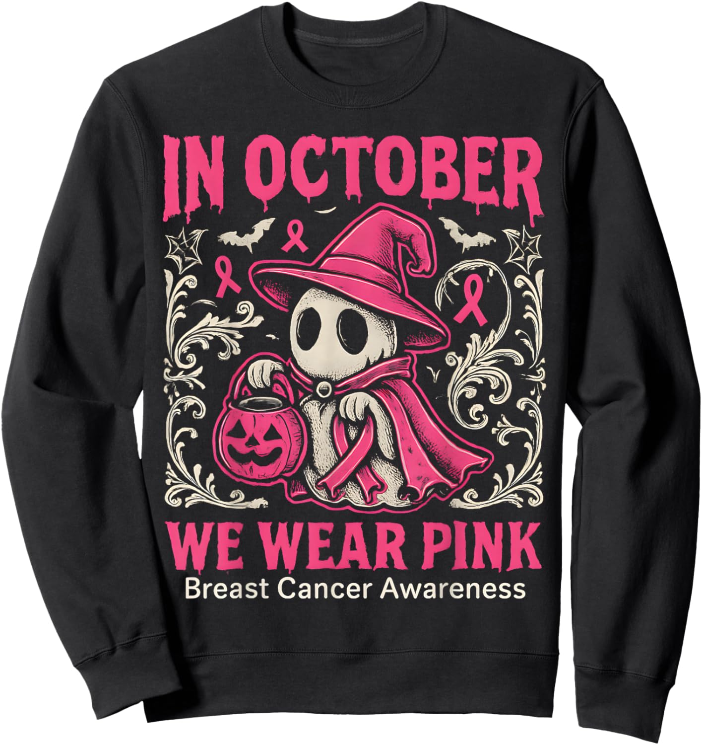 in October We Wear Pink Ghost Halloween Women Breast Cancer Sweatshirt - Sweatshirt | Black