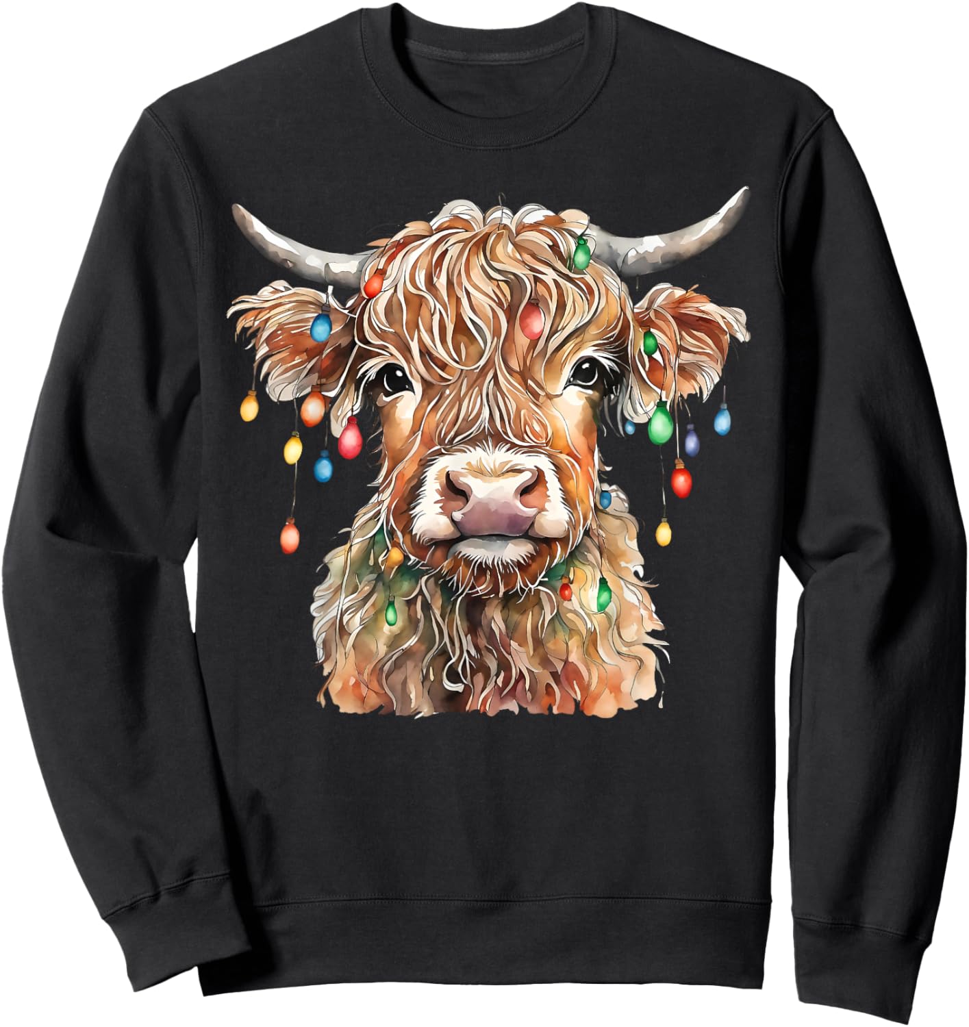 Highland Cow Xmas Lights Merry Christmas Pajamas Holiday Sweatshirt - Sweatshirt | Black