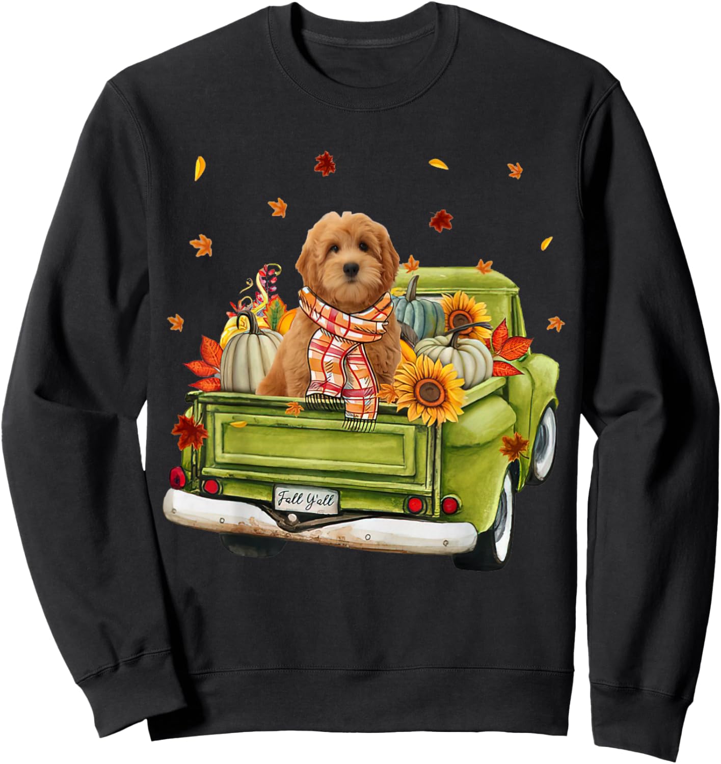 Happy Fall Y'all Goldendoodle Dog On Truck Pumpkin Fall Sweatshirt - Sweatshirt | Black