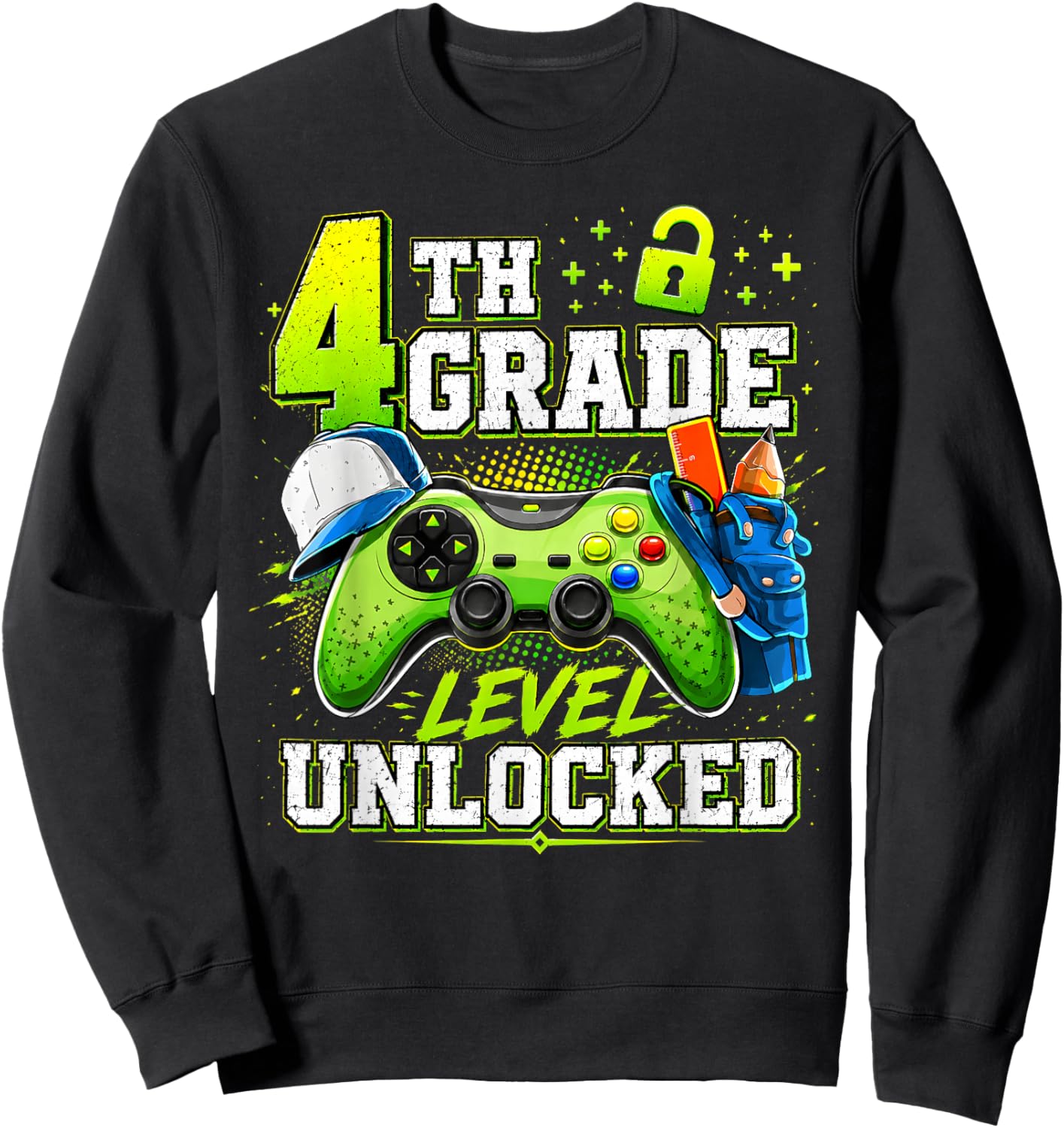 Back to School 4th Fourth Grade Level Unlocked Gamer Kid Sweatshirt - Sweatshirt | Black