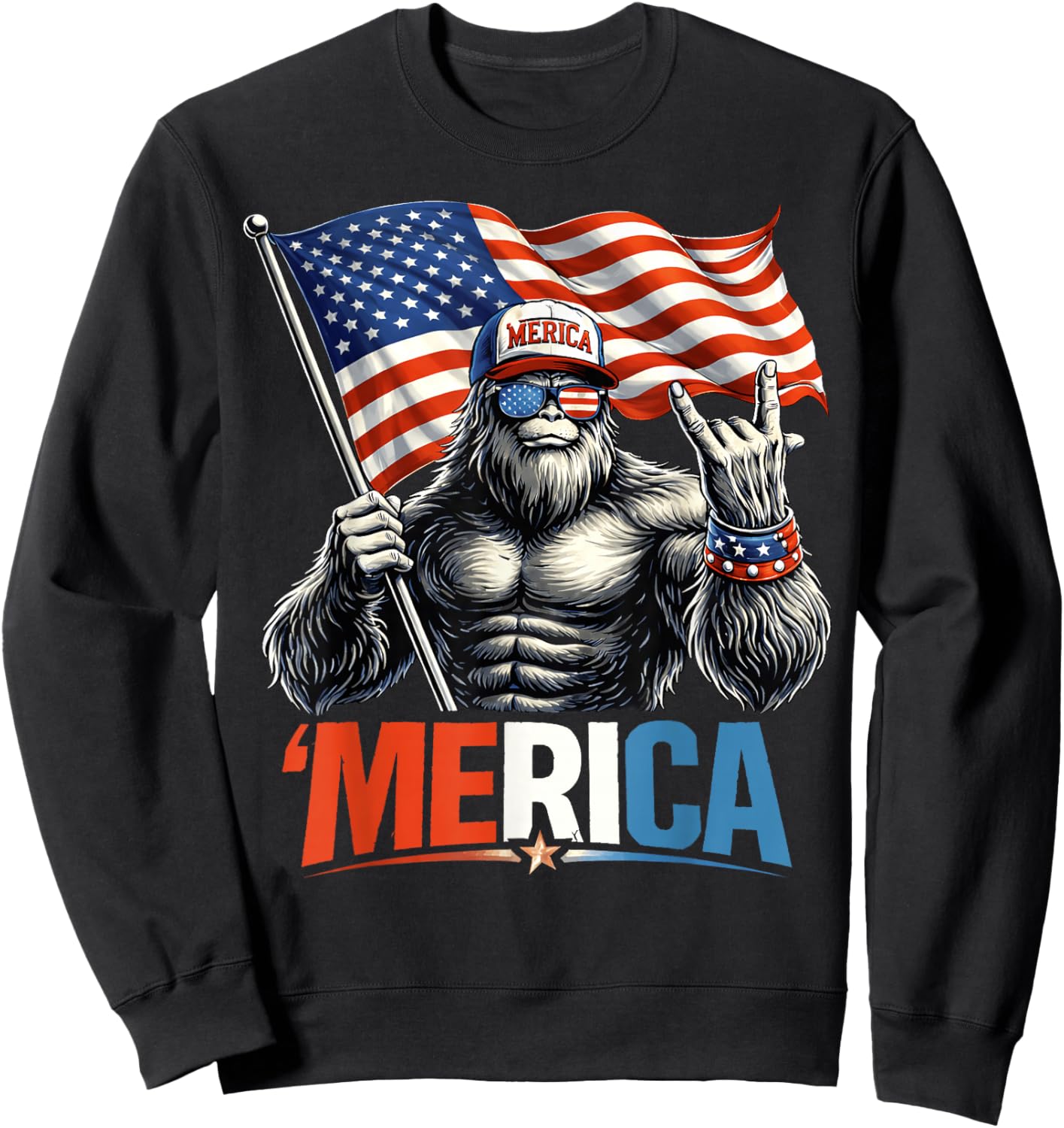 4th of July Bigfoot Merica Flag Patriotic Men Women Kid Sweatshirt - Sweatshirt | Black