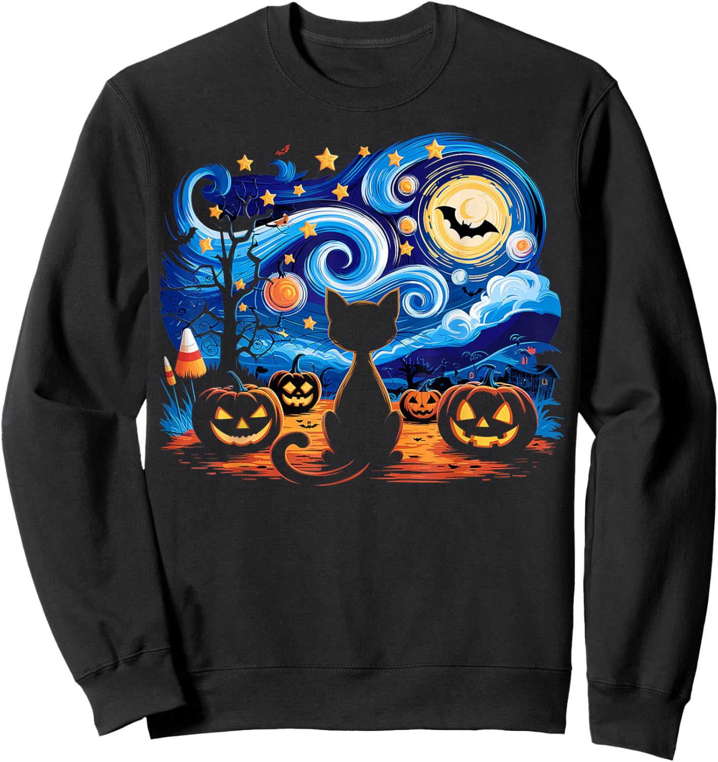Halloween Cat Starry Night Gifts Cat Mom Cat Dad Cat Lover Sweatshirt - Sweatshirt | Black
