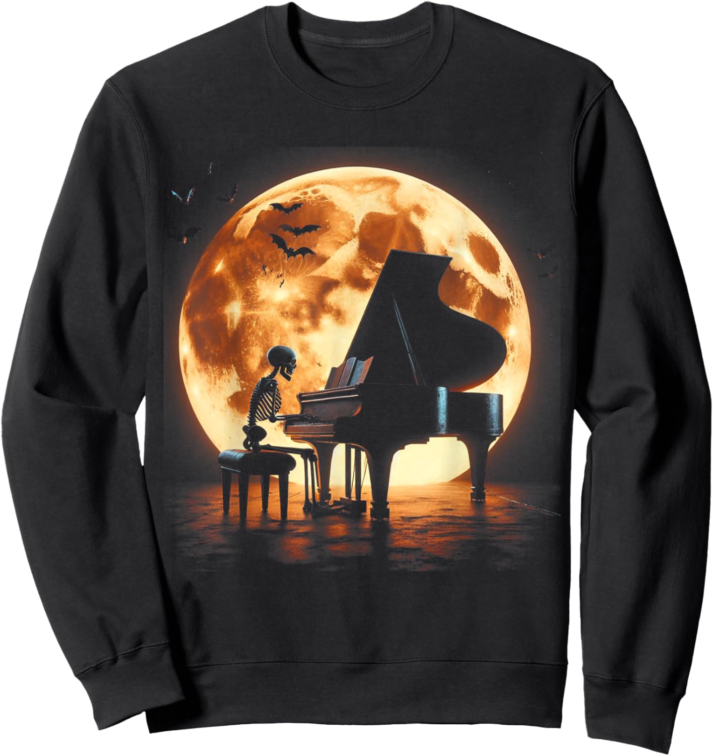 Skeleton Playing Piano Moon Halloween Music Sweatshirt - Sweatshirt | Black