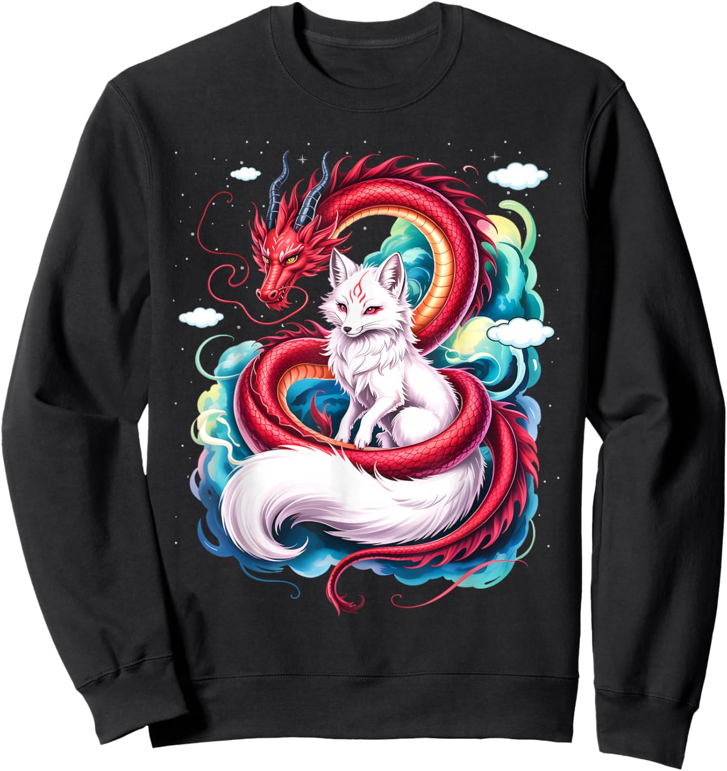 Japanese Anime Dragon and Kitsune Fox Sweatshirt - Sweatshirt | Black