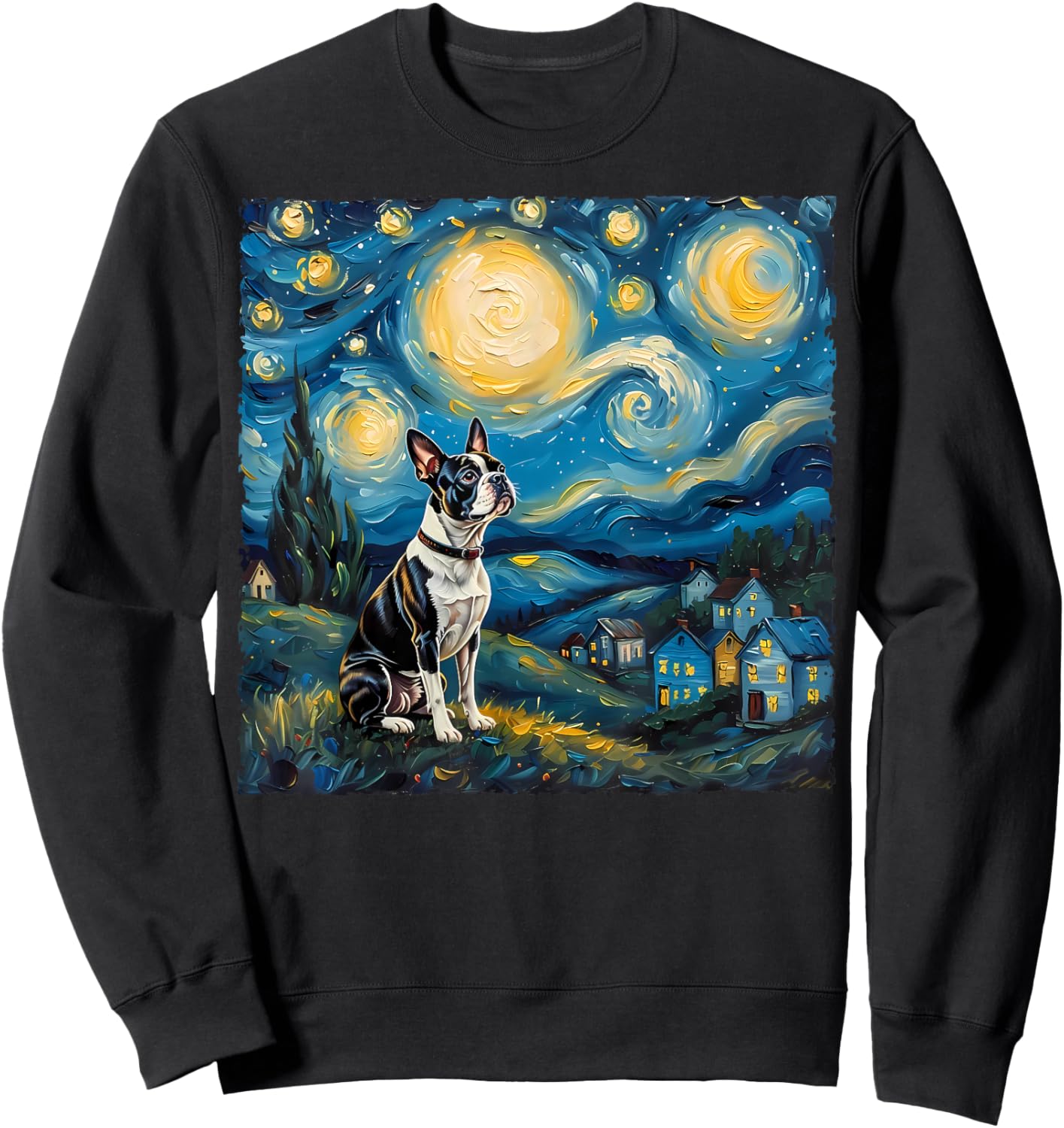 Boston Terrier Dog Lovers Starry Night Van Gogh Style Art Sweatshirt - Sweatshirt | Black