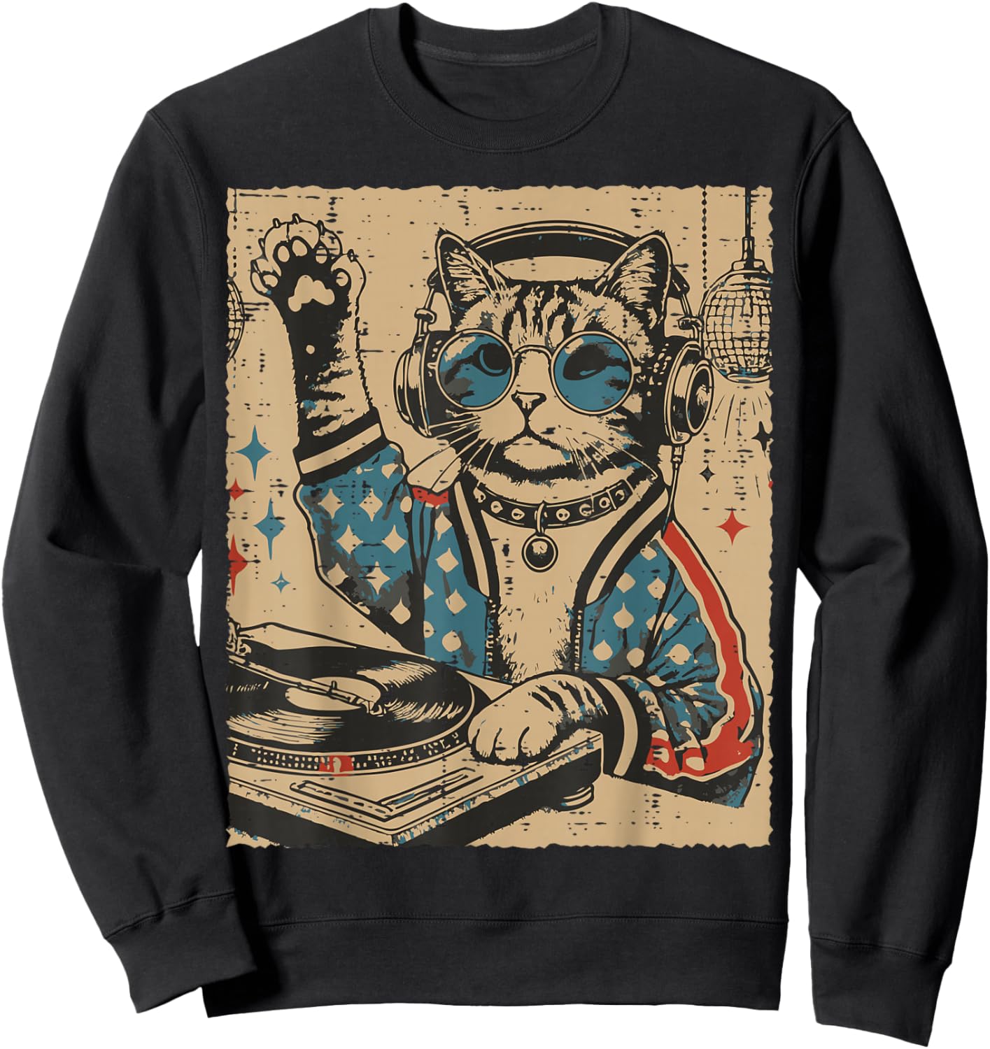 Cat Dj Turntable Vintage Kitten Disco Music Men Women Kids Sweatshirt - Sweatshirt | Black