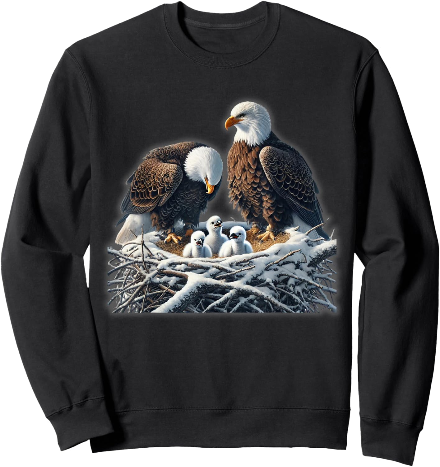 Bald Eagle Dad Mom Three Eaglet Chicks Babies in The Nest Sweatshirt - Sweatshirt | Black