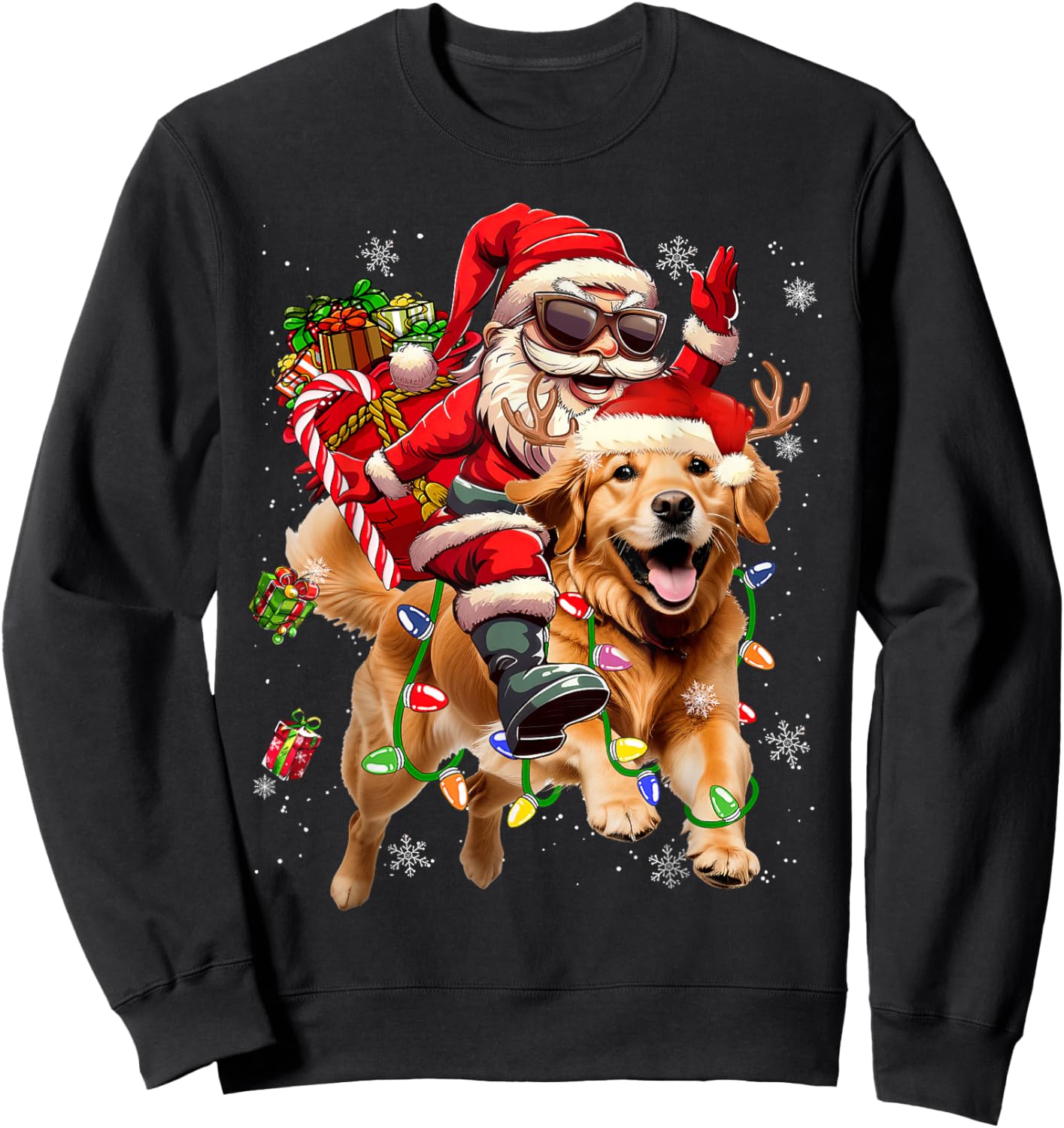 Merry Christmas 2025 Santa Riding Golden Retriever Dog Xmas Sweatshirt - Sweatshirt | Black