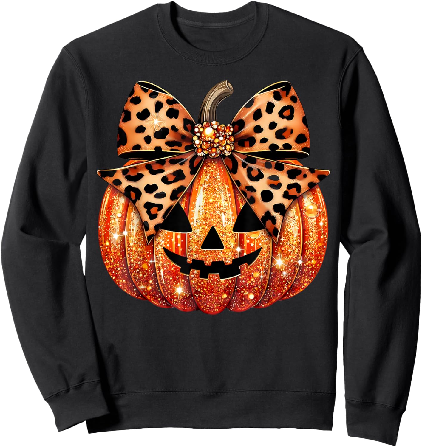 Sparkly Pumpkin Leopard Coquette Bow Pumpkin Girls Sweatshirt - Sweatshirt | Black
