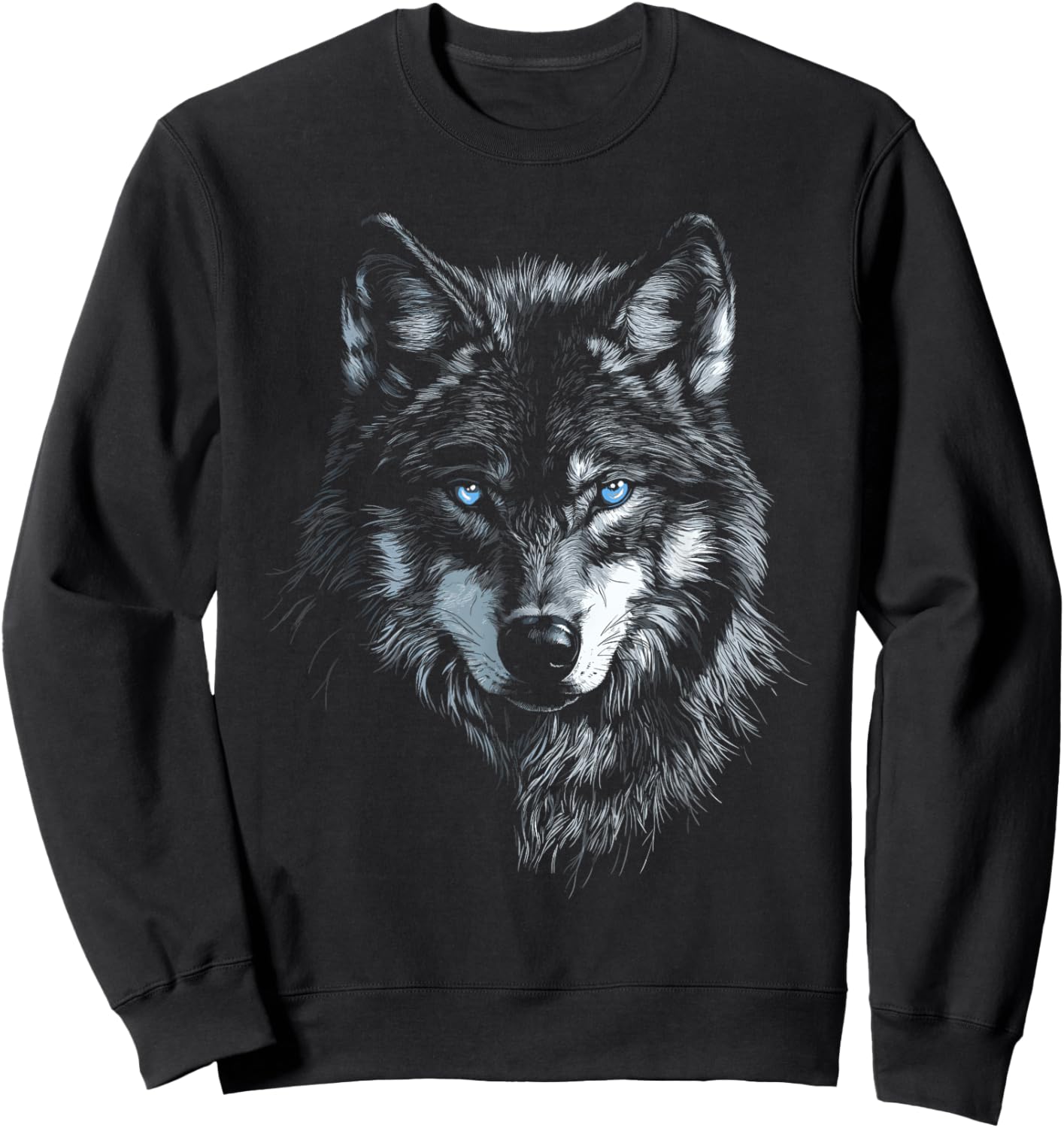Mystic Wolf with Blue Eyes Animal Art Graphic Wolves Sweatshirt - Sweatshirt | Black