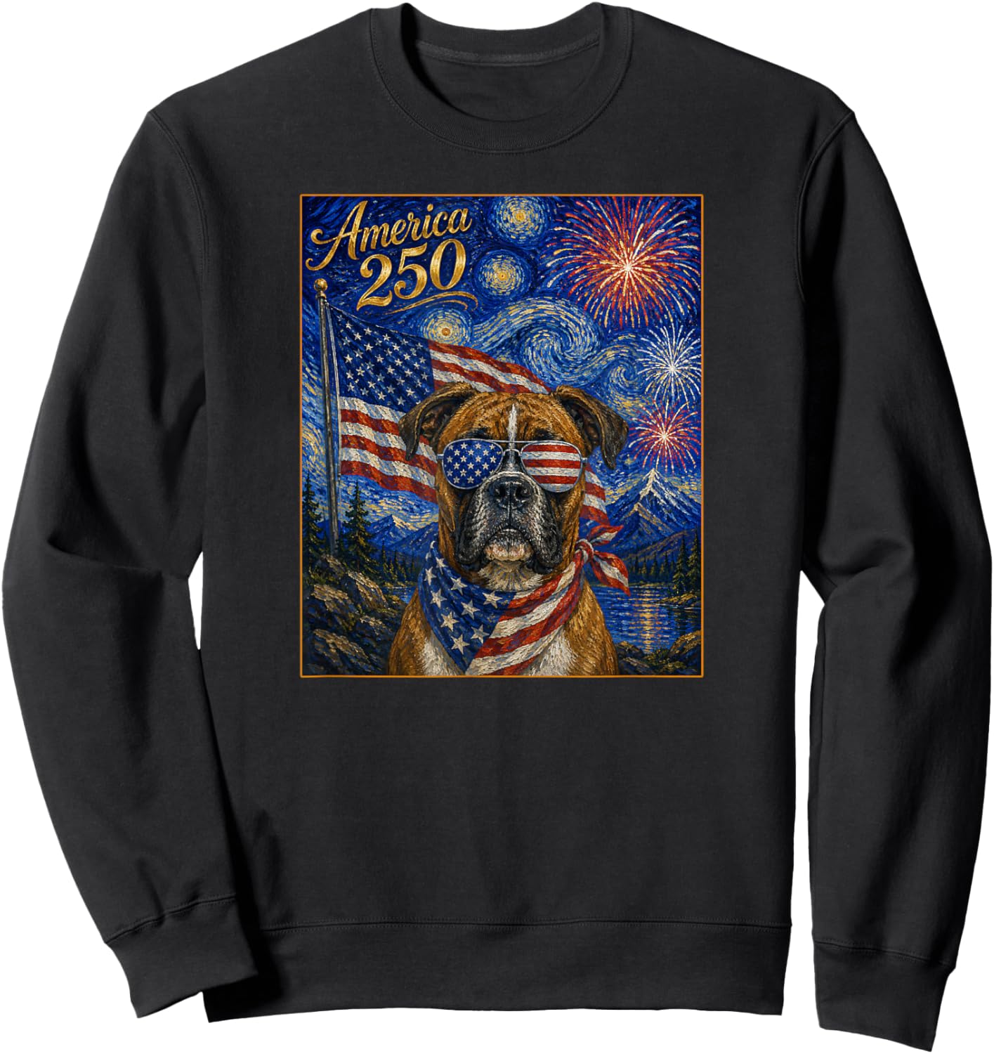 Boxer Dog Art on America 250 Anniversay 4th of July USA Flag Sweatshirt - Sweatshirt | Black