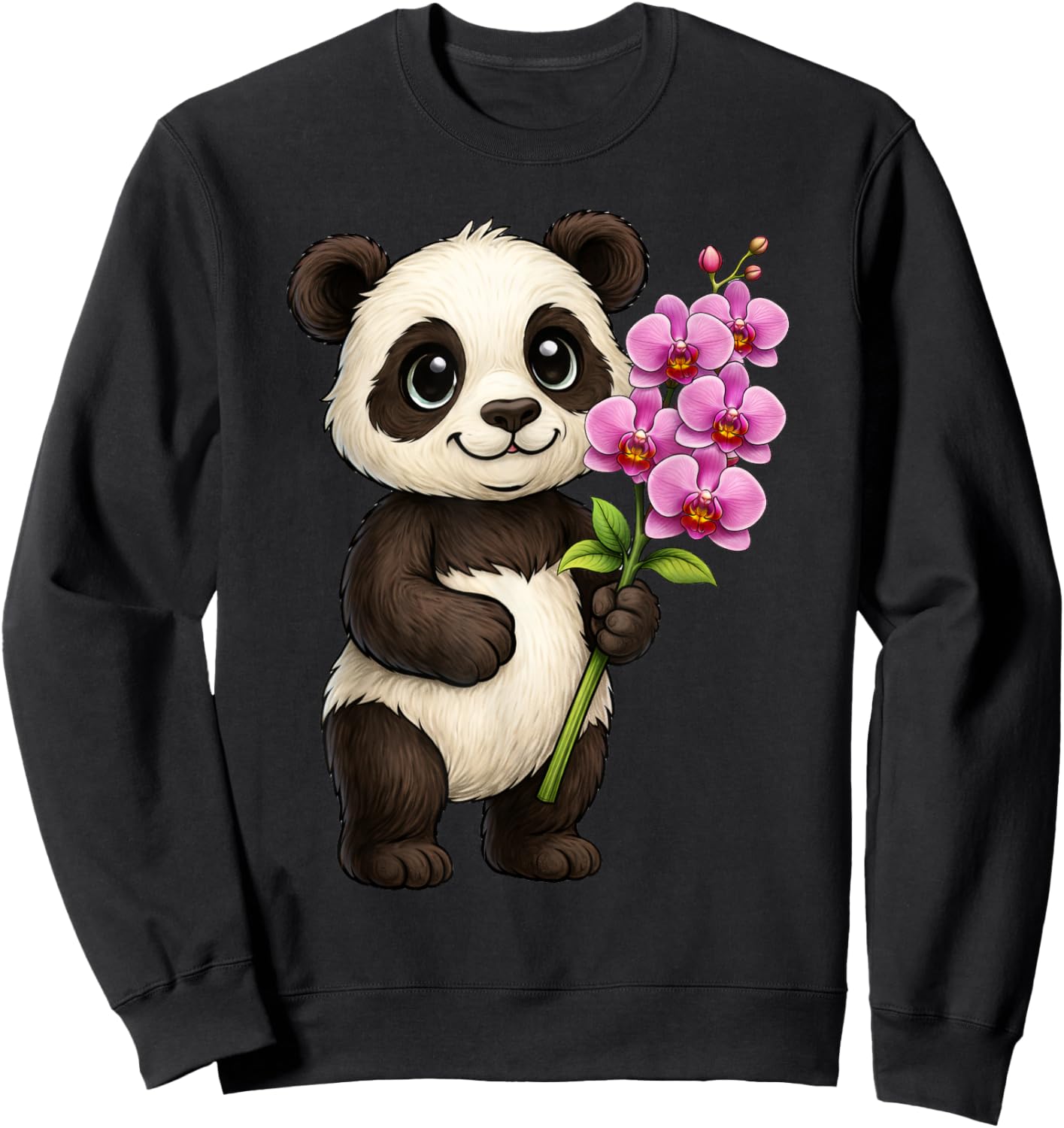 Cute Panda Bear Holding Orchid Flower Sweatshirt - Sweatshirt | Black