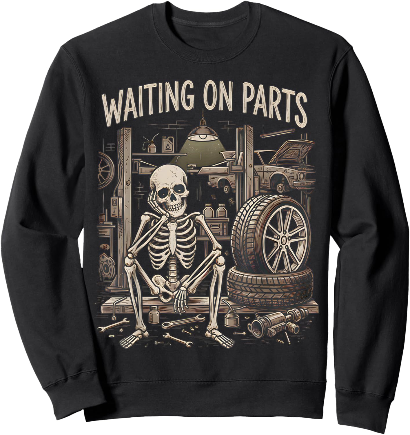 Waiting On Parts Funny Skeleton Auto Mechanic Technician Sweatshirt - Sweatshirt | Black
