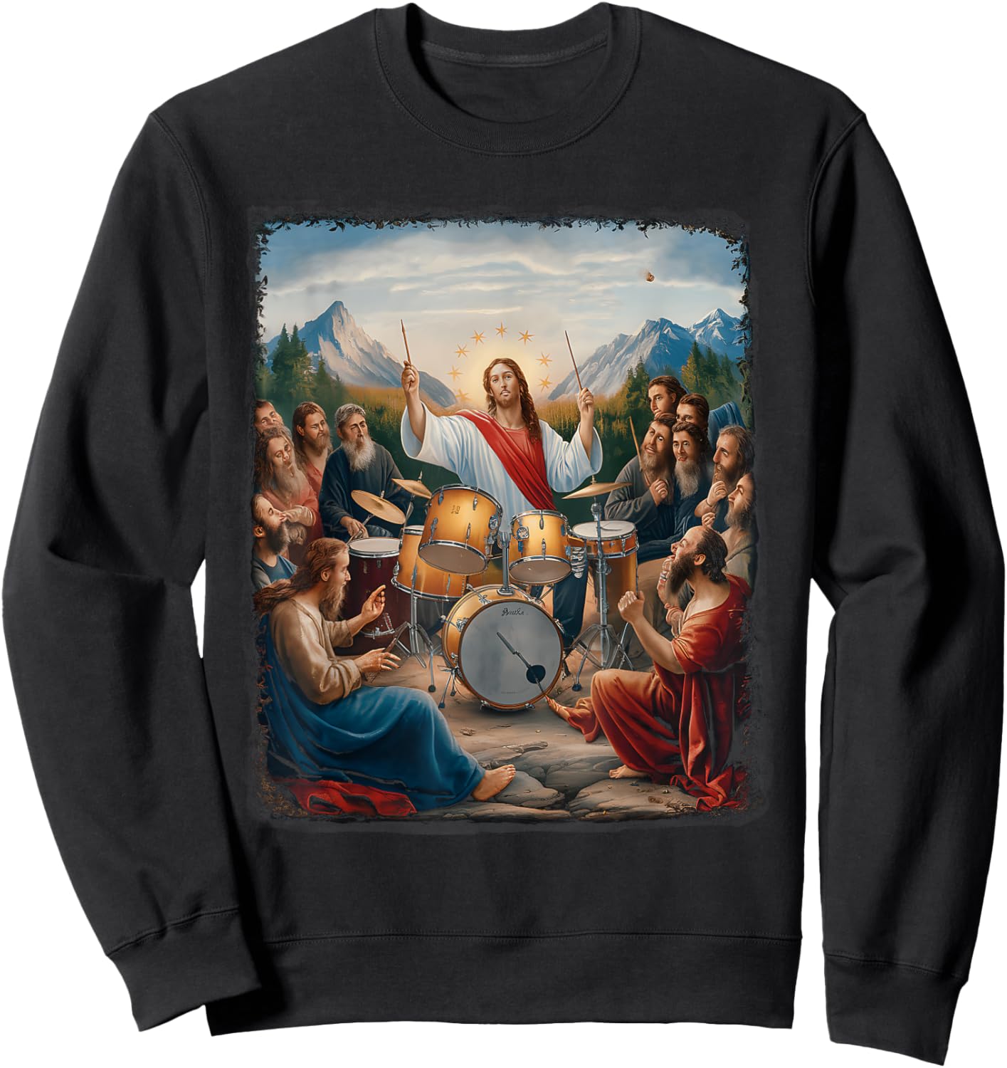Jesus Playing Drums Funny Christian Drummer Painting Sweatshirt - Sweatshirt | Black