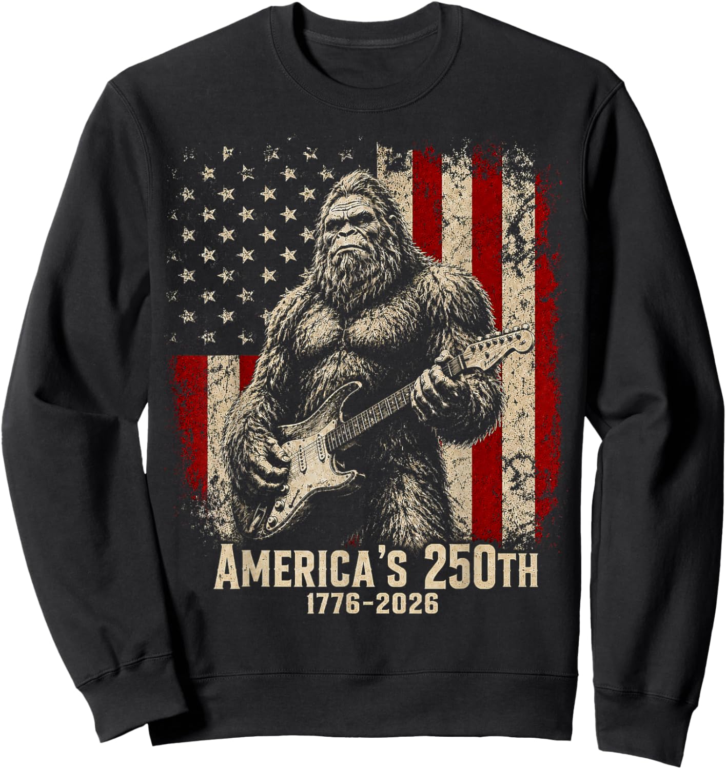 Bigfoot Sasquatch Playing Guitar 250 Years American USA Flag Sweatshirt - Sweatshirt | Black