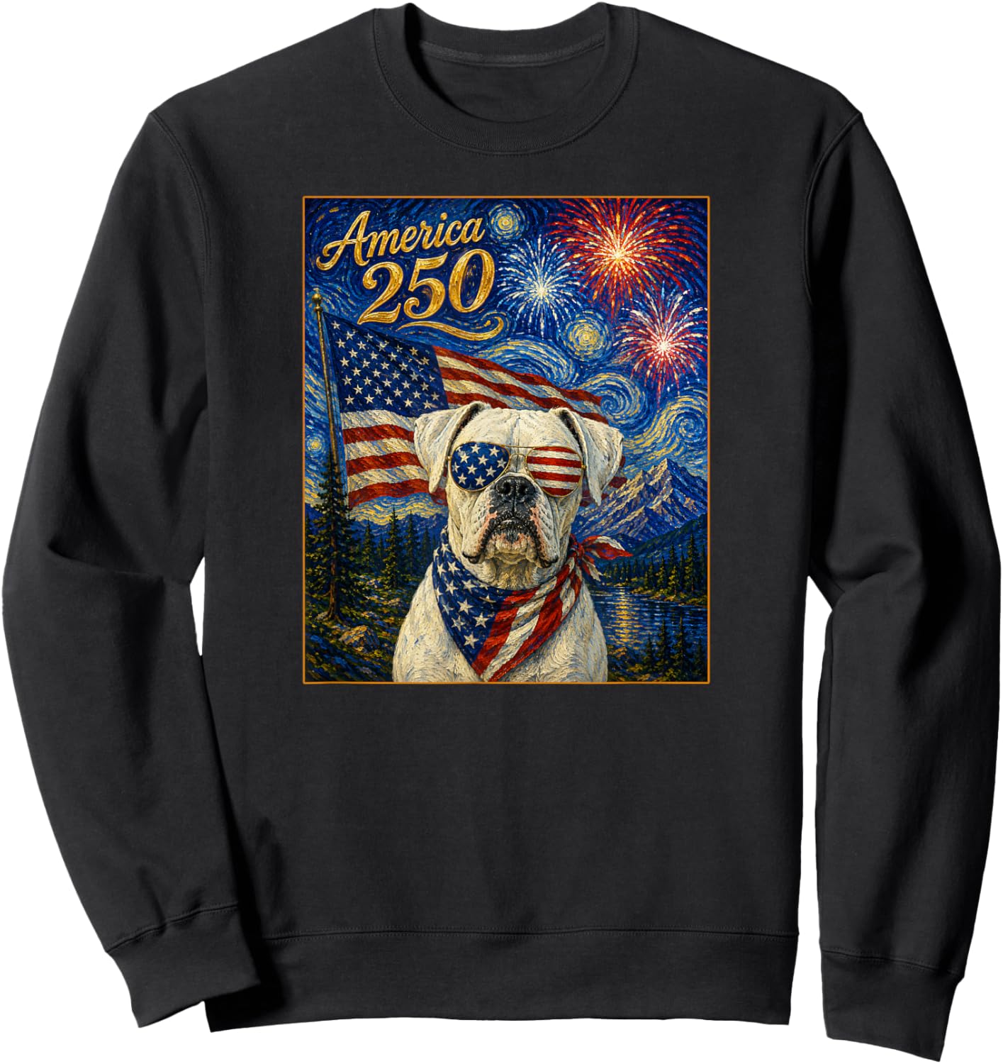 Boxer Dog Art on America 250 Anniversay 4th of July USA Flag Sweatshirt - Sweatshirt | Black