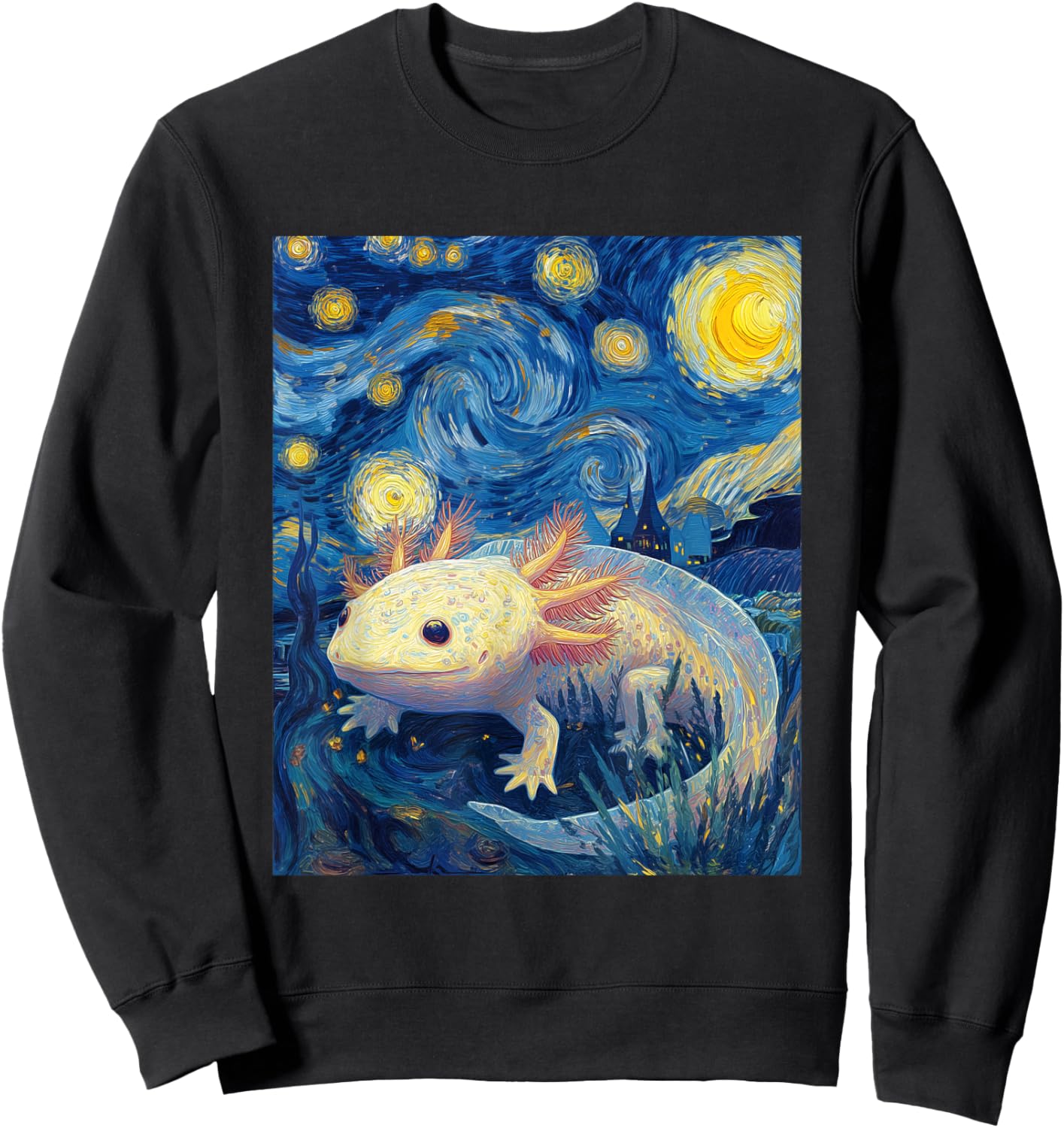 Axolotl Kawaii Van Gogh Style Starry Night Funny Graphic Sweatshirt - Sweatshirt | Black