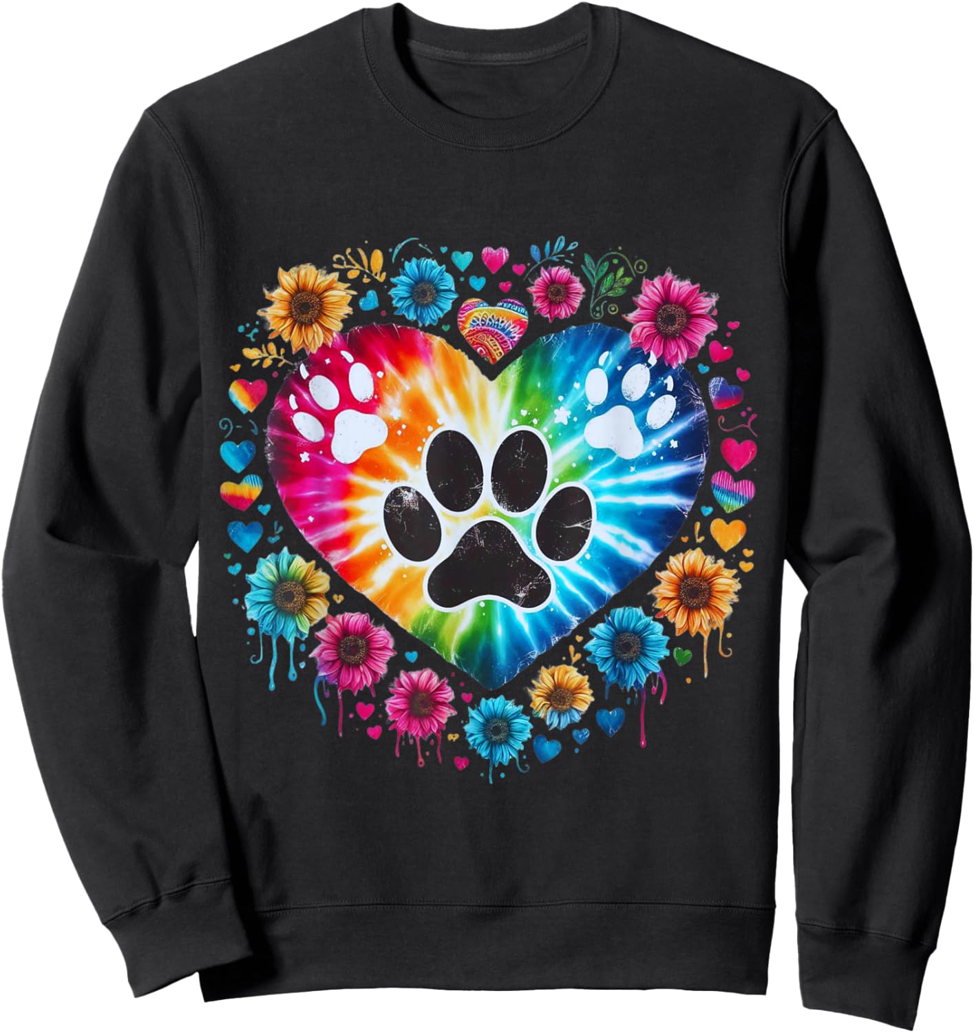 Tie Dye Love Dog Paw Print Heart Animal Lover Men Women Sweatshirt - Sweatshirt | Black