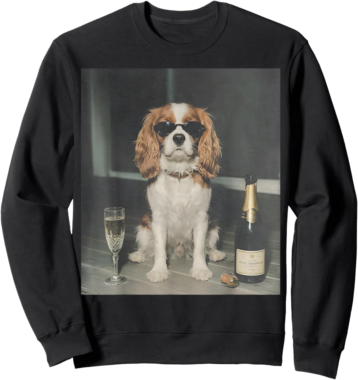 Cavalier King Charles Drinking Champagne Funny Dog Meme Sweatshirt - Sweatshirt | Black