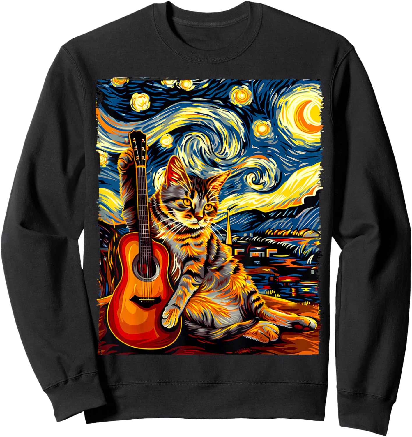 Painting A Cat Playing Guitar in The Starry Night, Cat Art Sweatshirt - Sweatshirt | Black