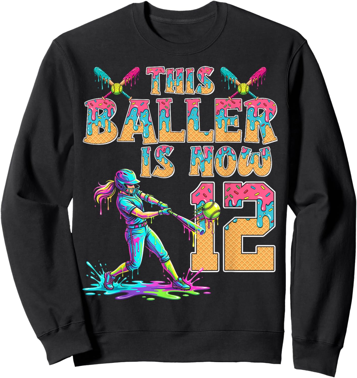 This Baller is Now 12 Years Old Birthday Girl Softball 12th Sweatshirt - Sweatshirt | Black