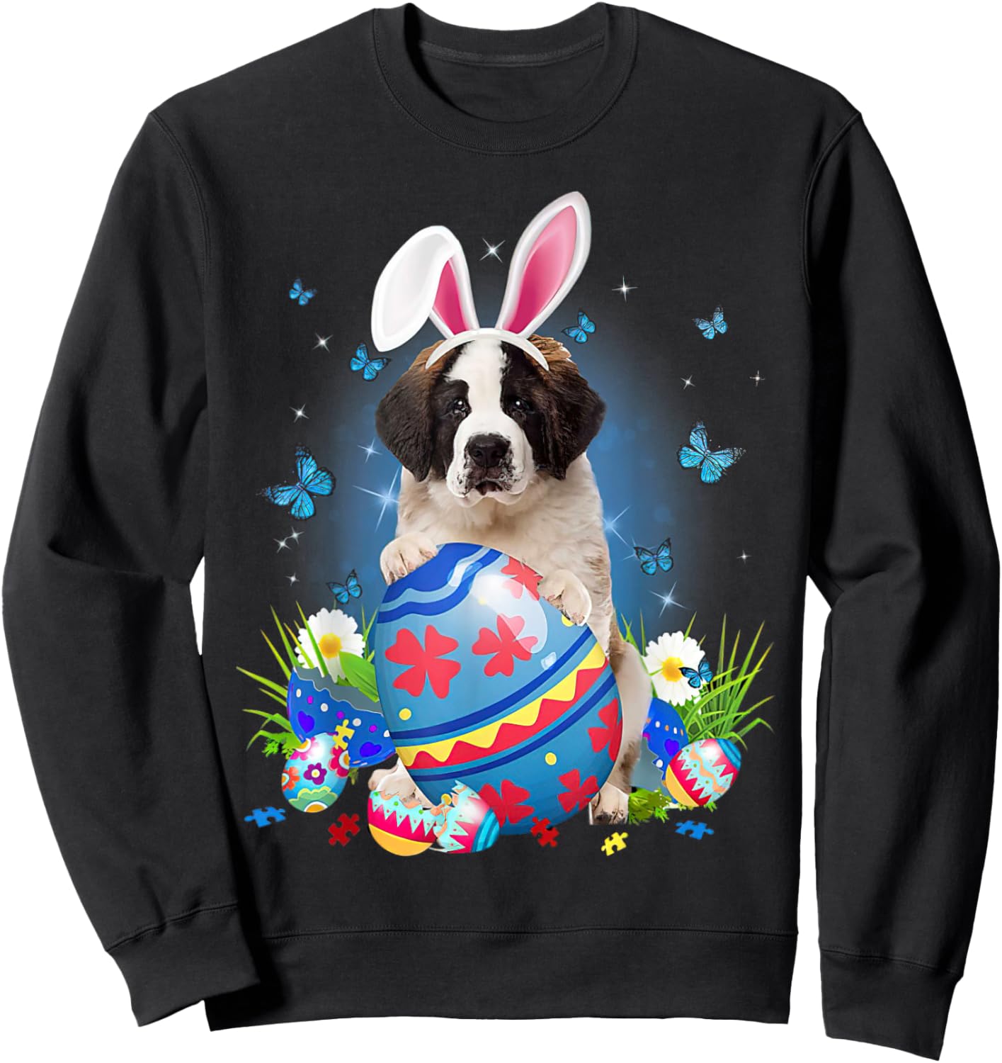 Easter Cute Saint Bernard Dog Lover Bunny Eggs Easter Sweatshirt - Sweatshirt | Black