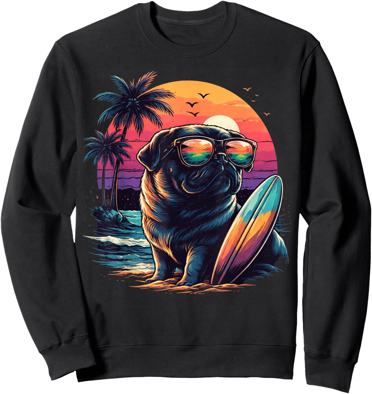 Funny Pug Lover Cute Colorful Surfing Puppy Summer Beach Sun Sweatshirt - Sweatshirt | Black