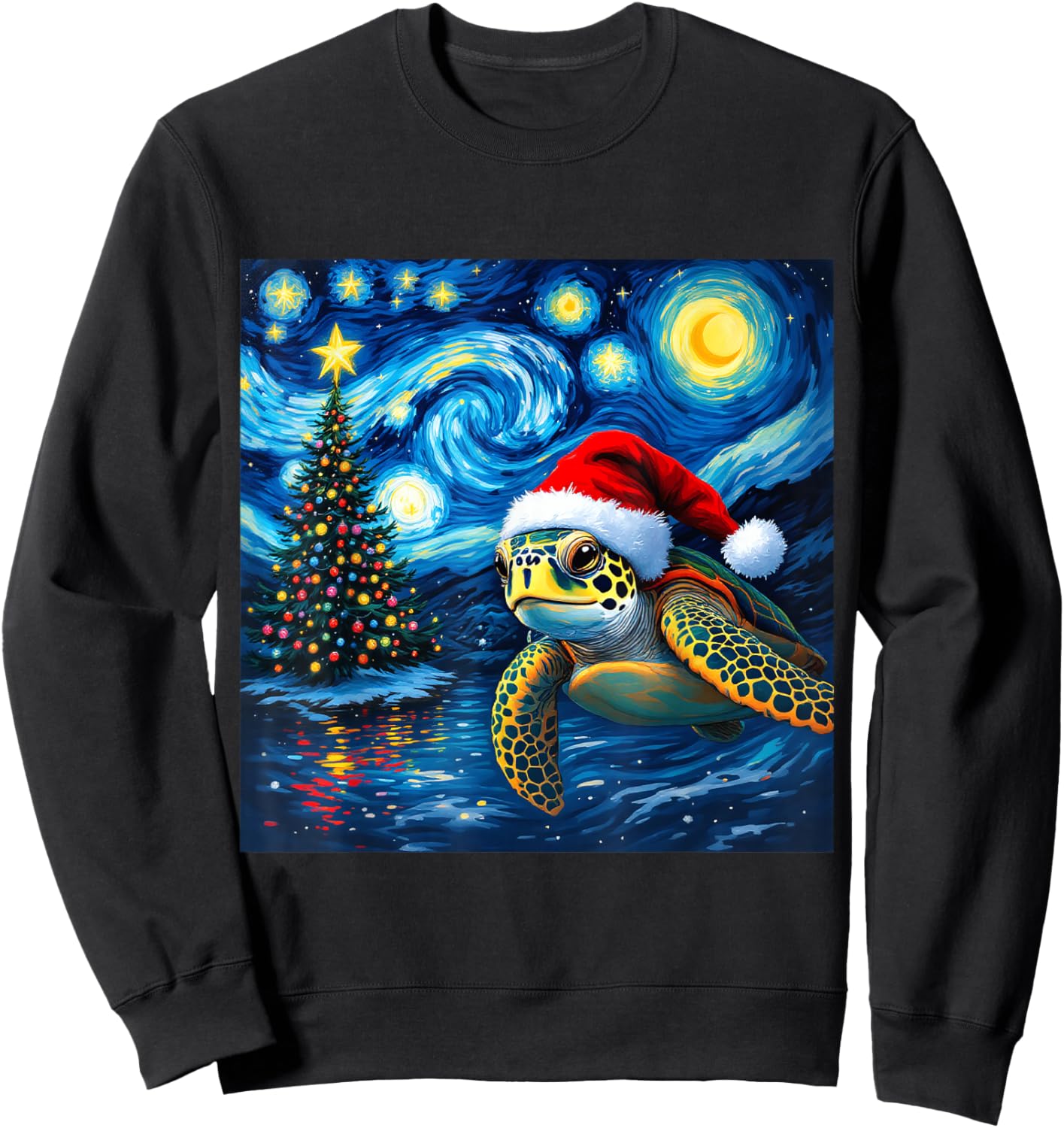 Christmas Sea Turtle Santa Hat Van Gogh Starry Night Holiday Sweatshirt - Sweatshirt | Black