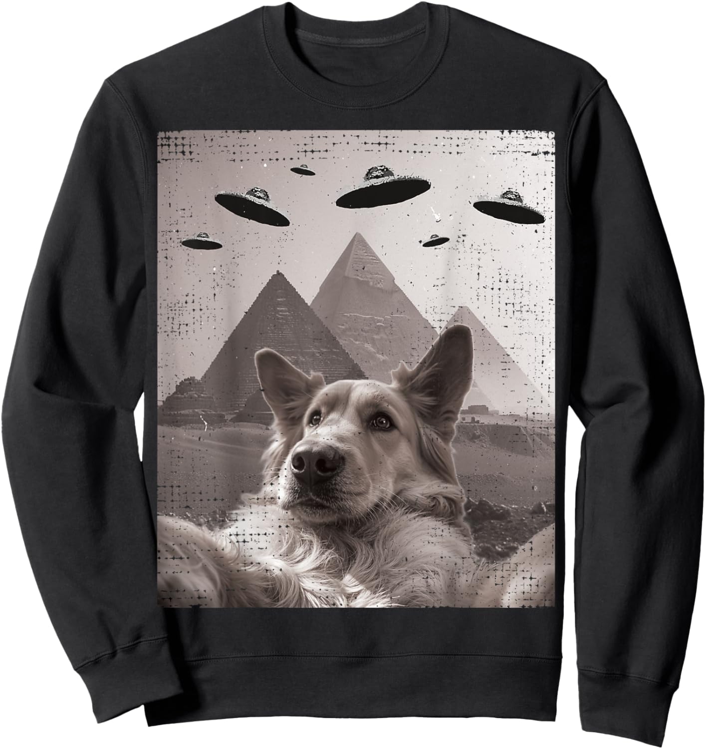 Dog UFO Meme - Funny Golden Retriever Dog Selfie with UFOs Sweatshirt - Sweatshirt | Black