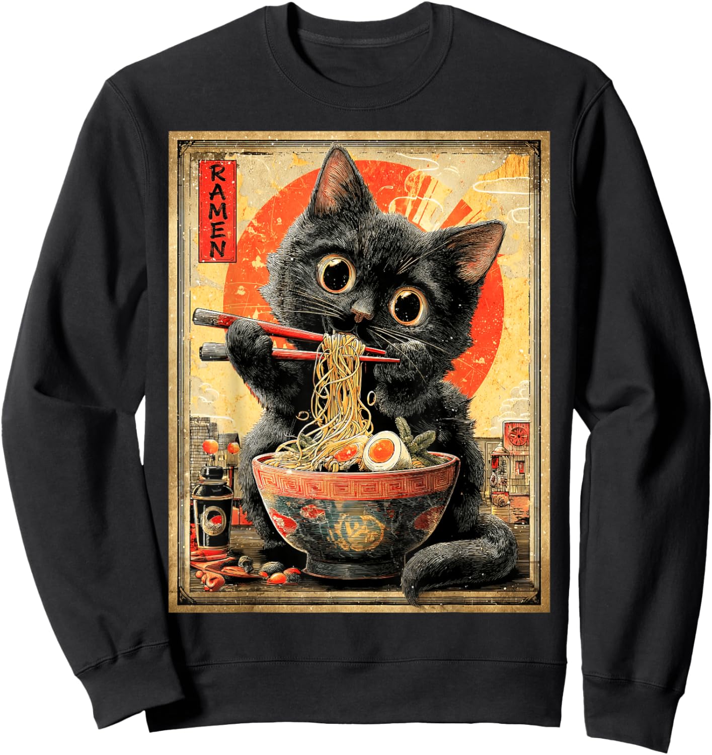 Funny Ramen Cat Anime Otaku Noodles Graphic Sweatshirt - Sweatshirt | Black