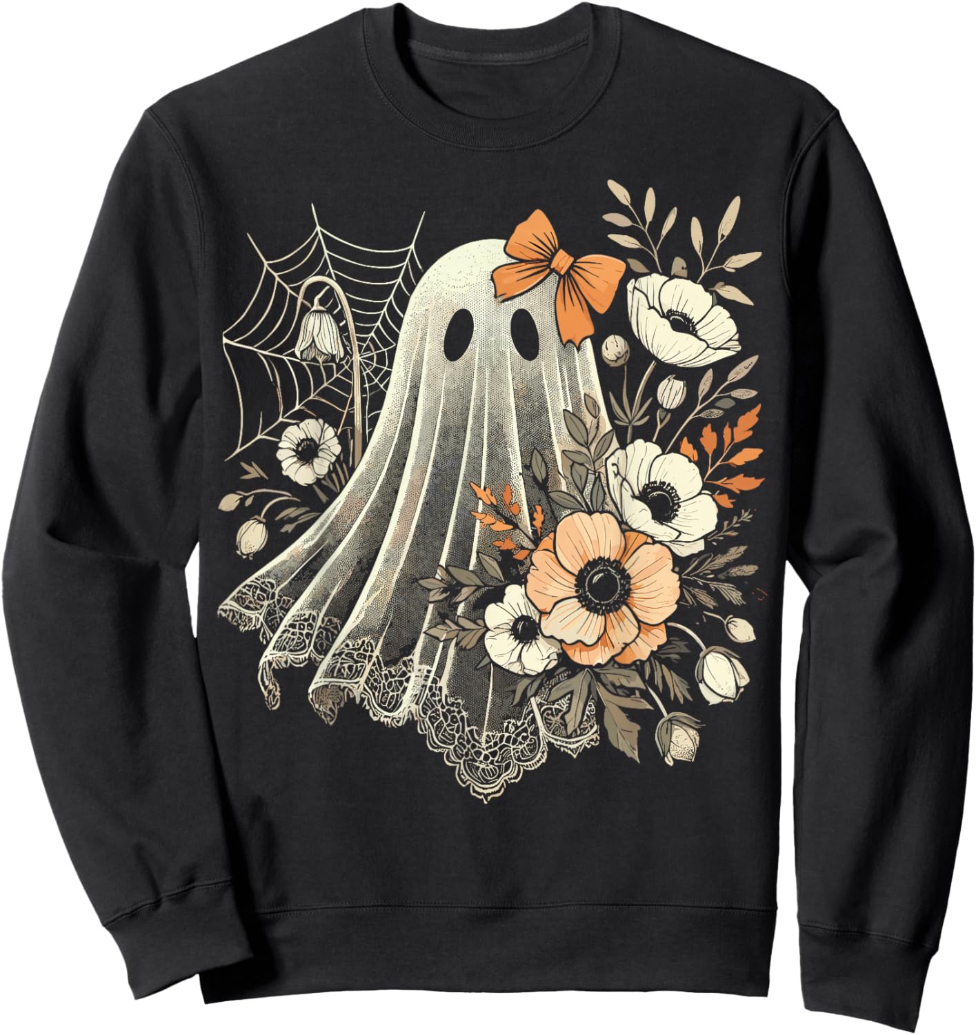 Halloween Ghost with Flowers Vintage Sweatshirt - Sweatshirt | Black