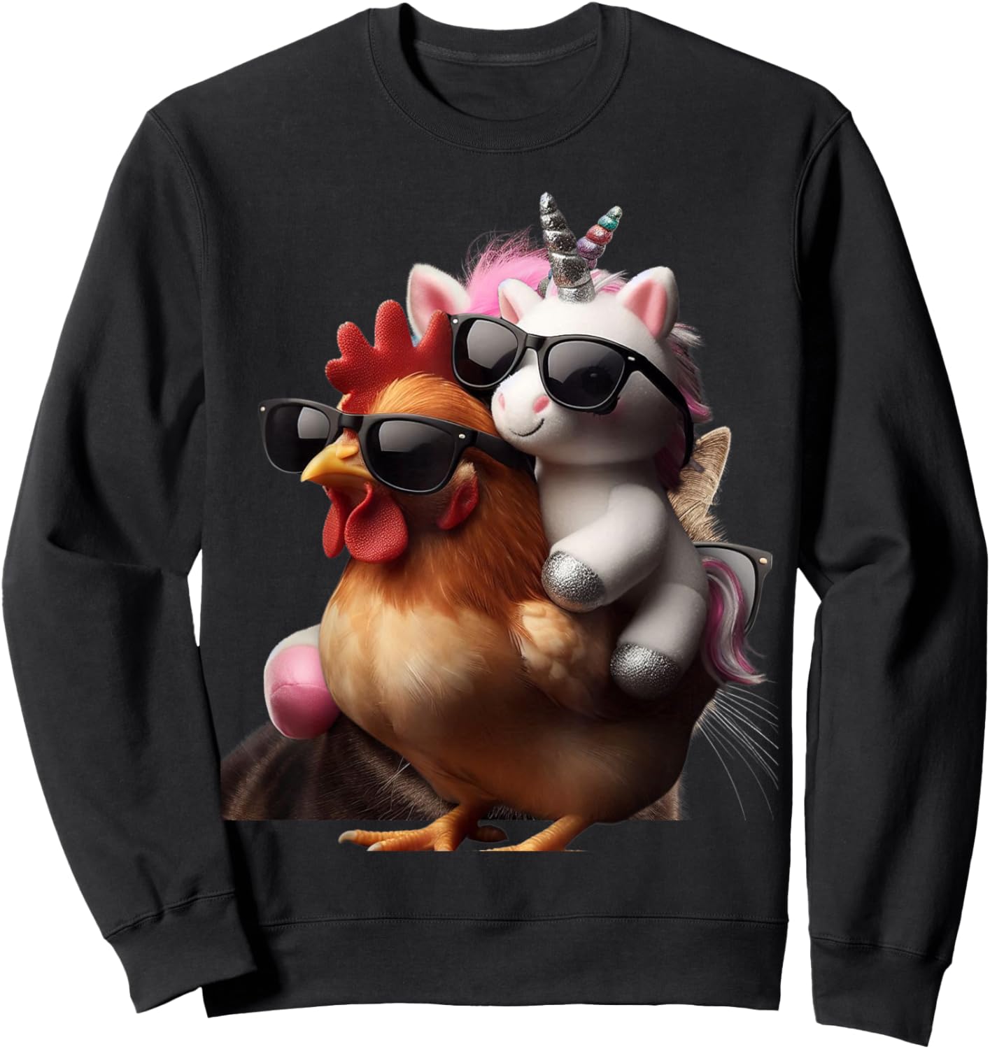 Unicorn Riding Chicken Boys Girls Women Kids Teens Rainbow Sweatshirt - Sweatshirt | Black