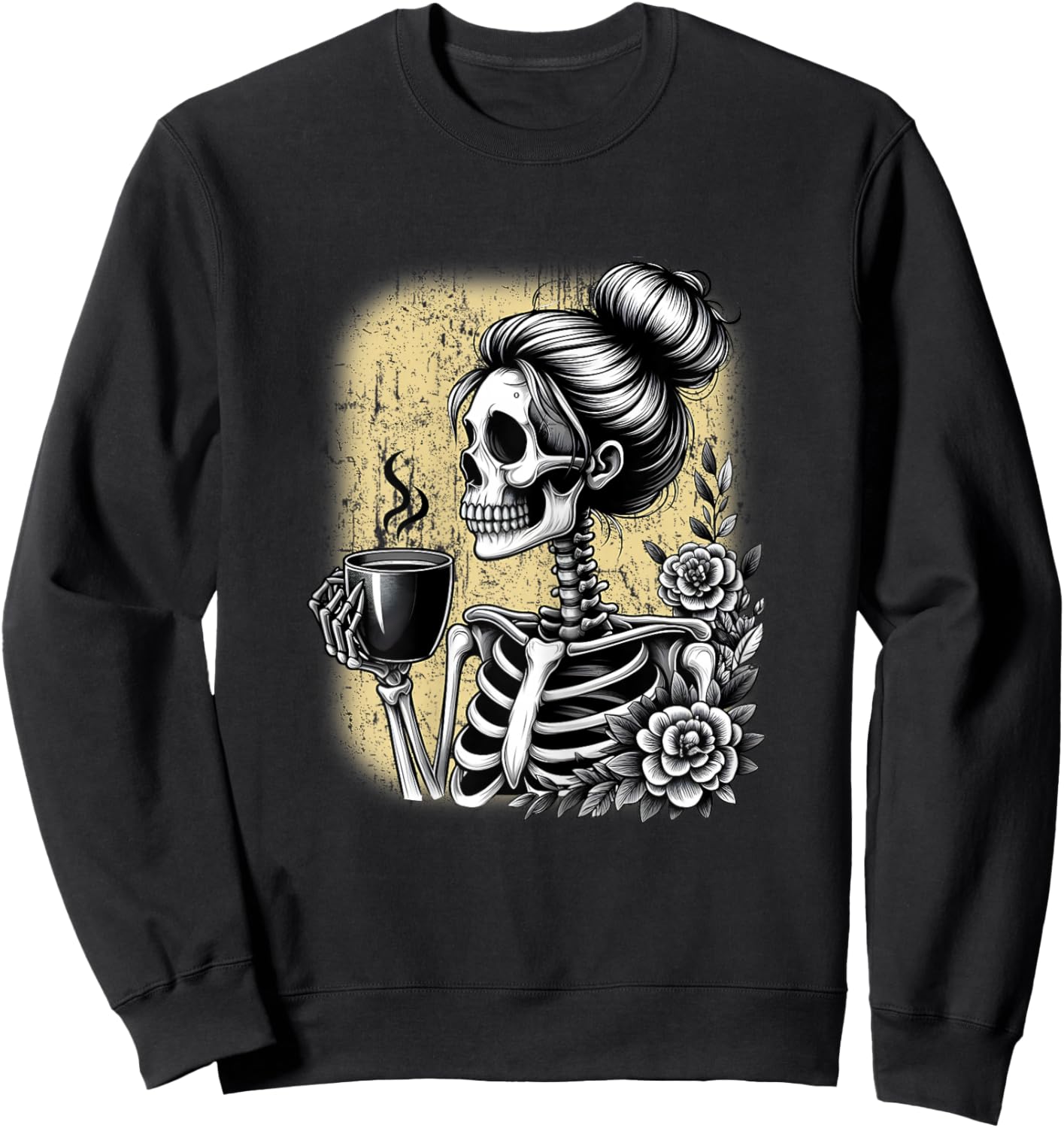 Messy Bun Skeleton Drinking Coffee Vintage Halloween Funny Sweatshirt - Sweatshirt | Black