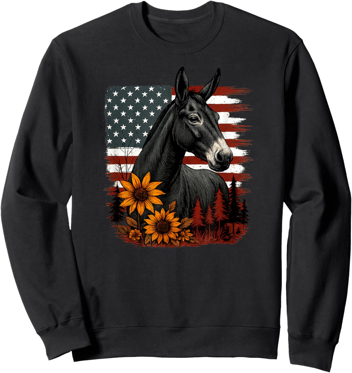 Funny Mule Shirt Patriotic USA American Flag with Sunflowers Sweatshirt - Sweatshirt | Black