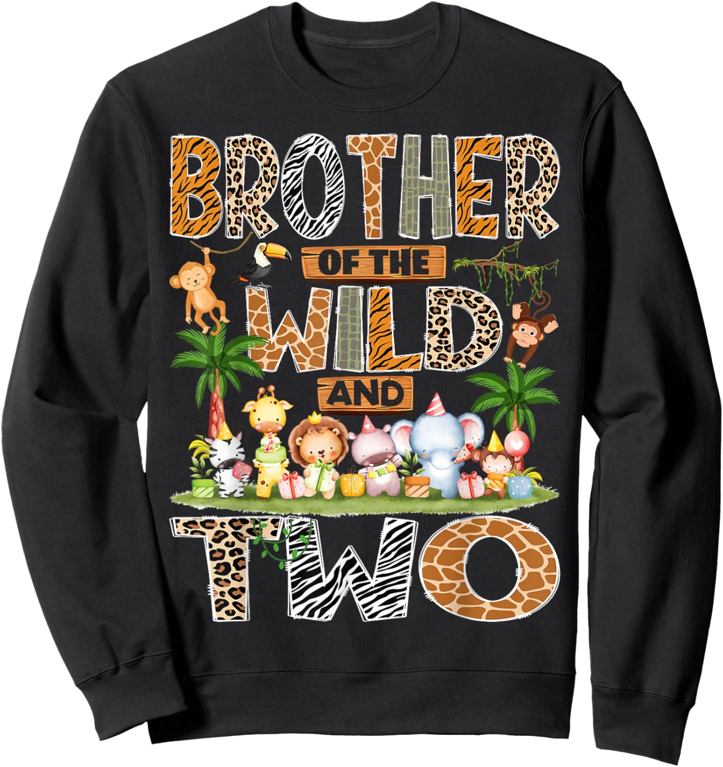 Brother of The Wild & Two 2nd Birthday Boy Safari Jungle Sweatshirt - Sweatshirt | Black