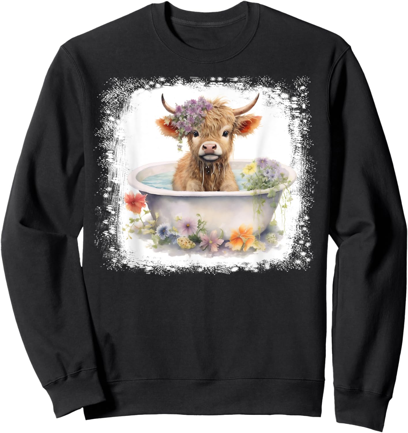 Baby Highland Cow In Bathtub Floral Flowers Women Girls Sweatshirt - Sweatshirt | Black