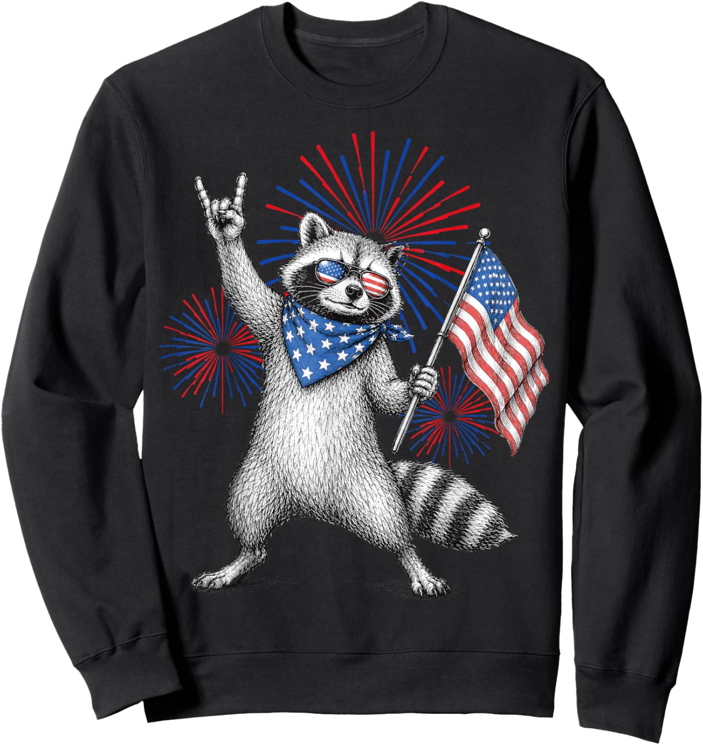 USA Flag Patriotic Raccoon Funny 4th of July Men Women Kids Sweatshirt - Sweatshirt | Black