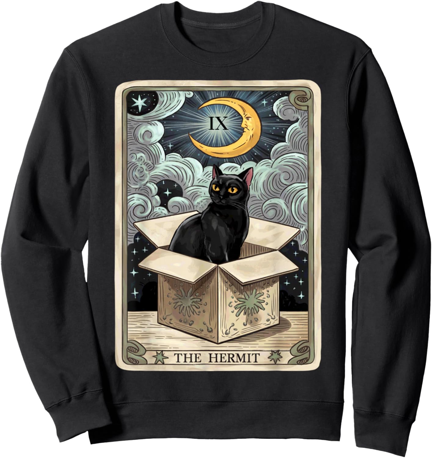 The Hermit Tarot Card Cat In Box Mystic Funny Cat Esoteric Sweatshirt - Sweatshirt | Black