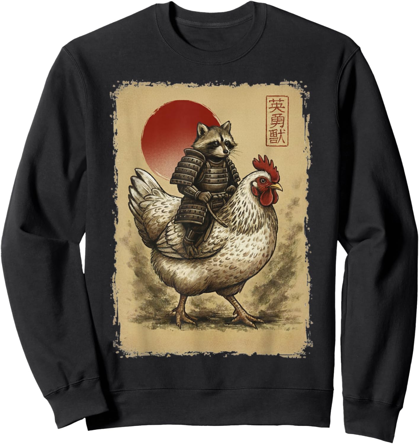 Funny Vintage Samurai Raccoon Riding Chicken Japanese Art Sweatshirt - Sweatshirt | Black